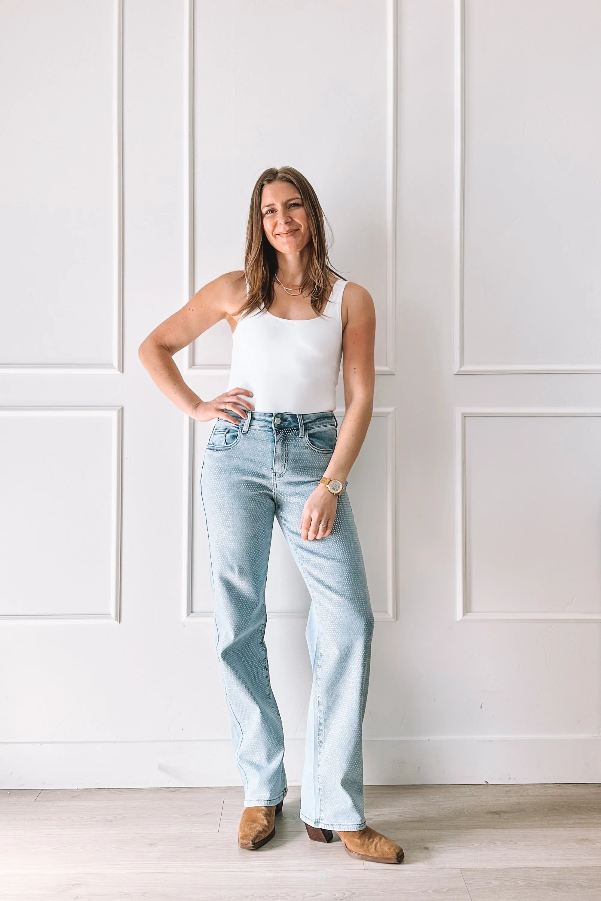 light wash micro gemstone jeans outfit