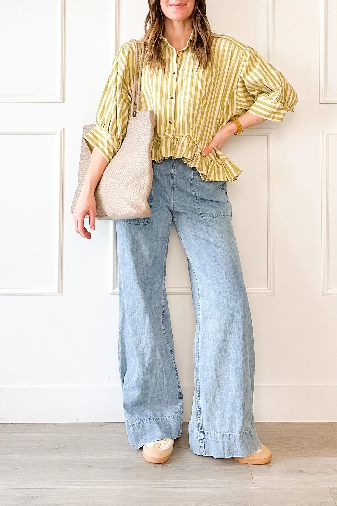 Effortless Everyday Outfit With Wide Leg Jeans And A Relaxed Button Down