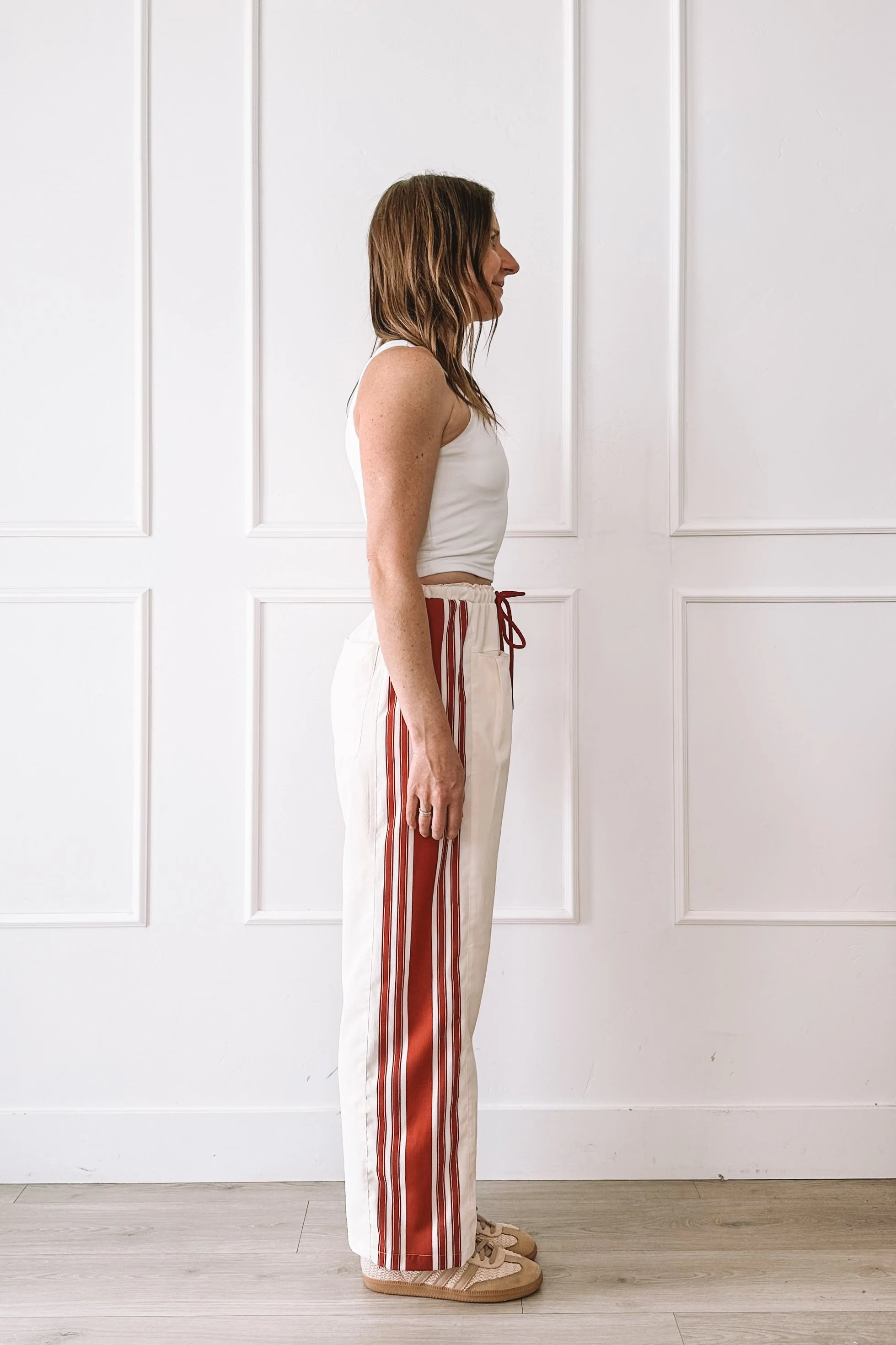 Cream Wide Leg Pants With Red Stripe Outfit