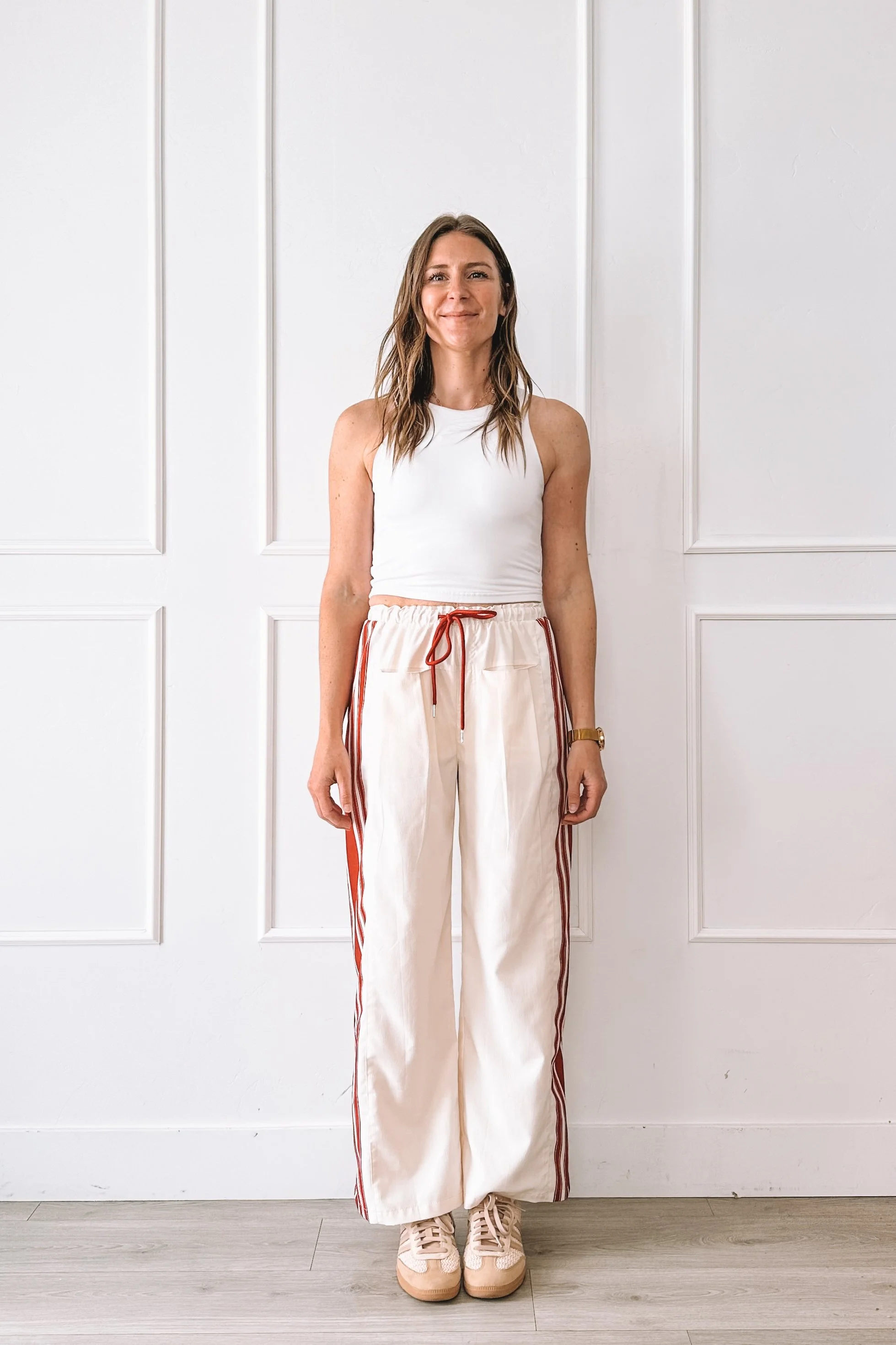 Cream Wide Leg Pants With Red Stripe Outfit