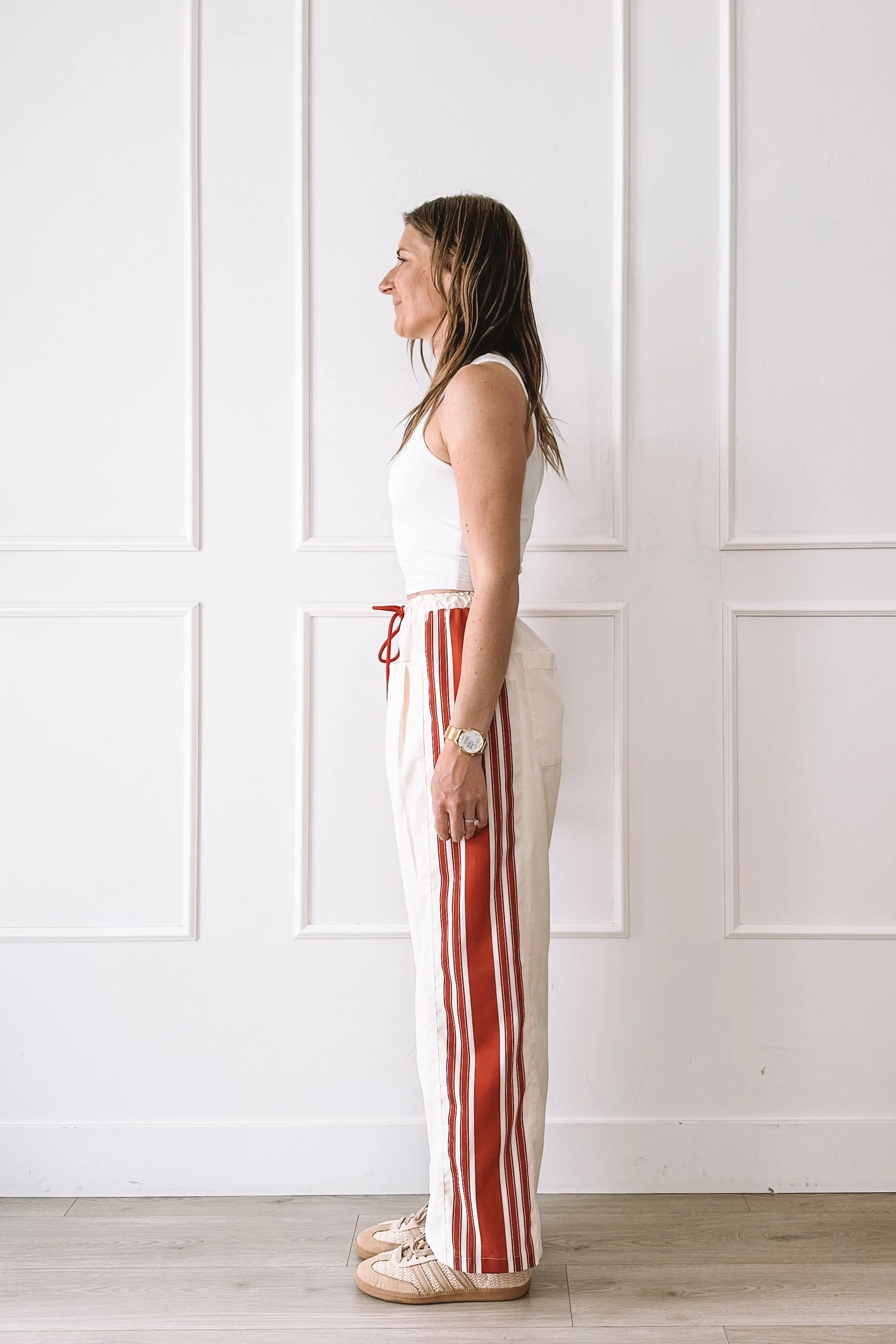 Cream Wide Leg Pants With Red Stripe Outfit