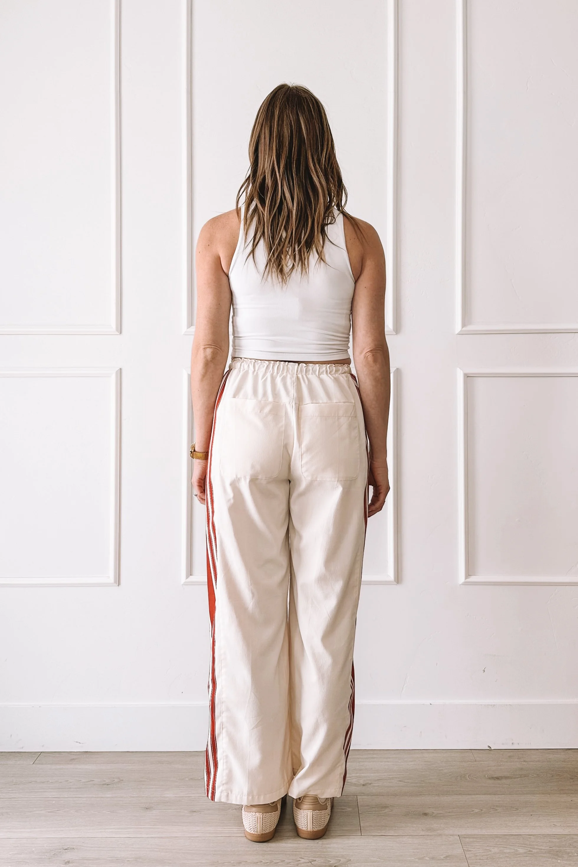 Cream Wide Leg Pants With Red Stripe Outfit