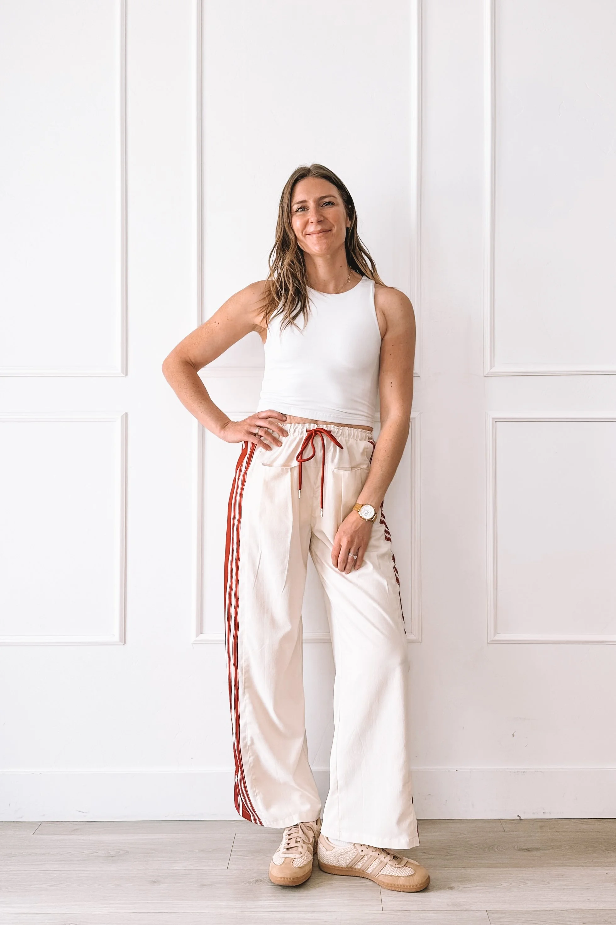 Cream Wide Leg Pants With Red Stripe Outfit