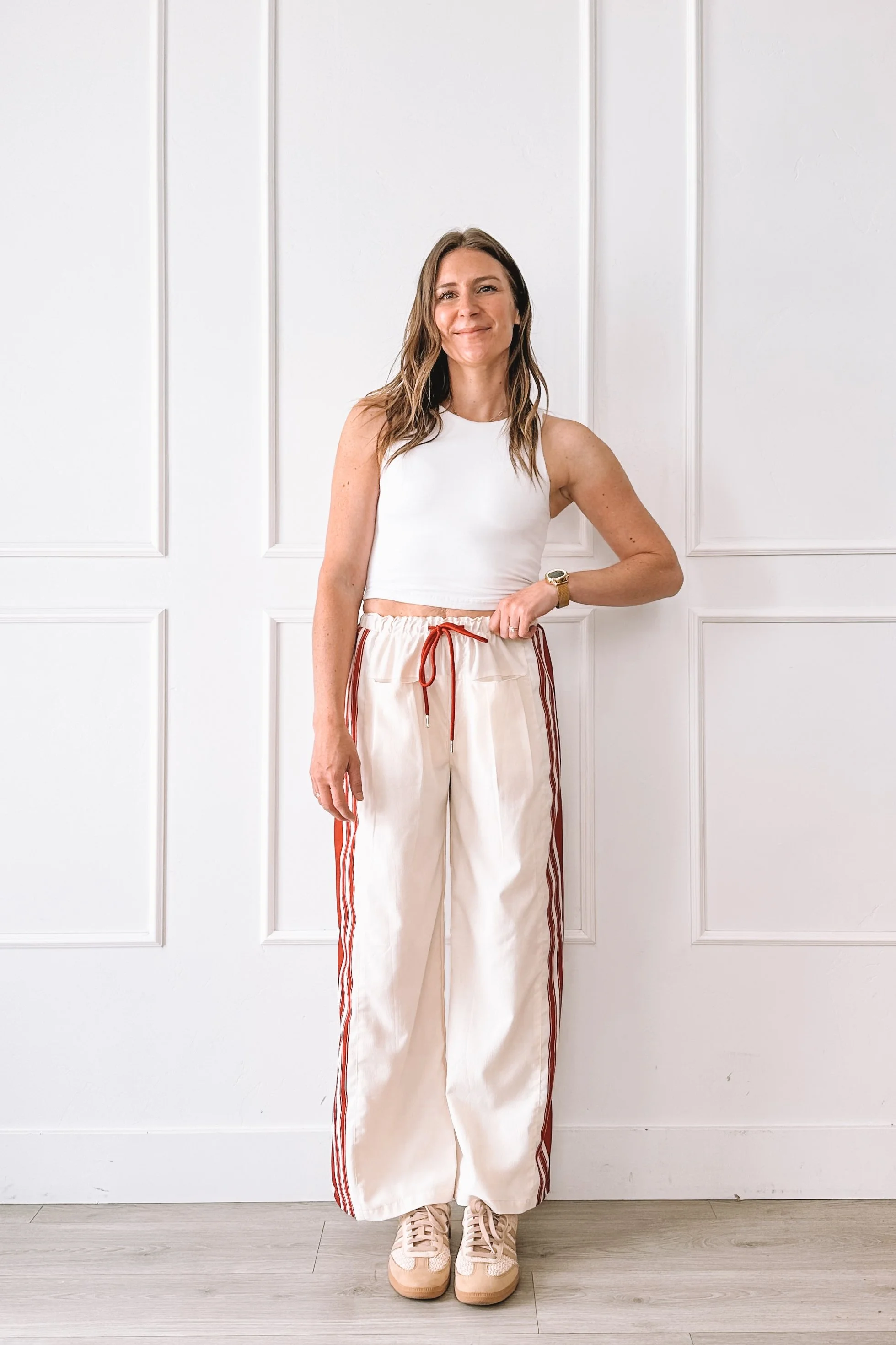 Cream Wide Leg Pants With Red Stripe Outfit