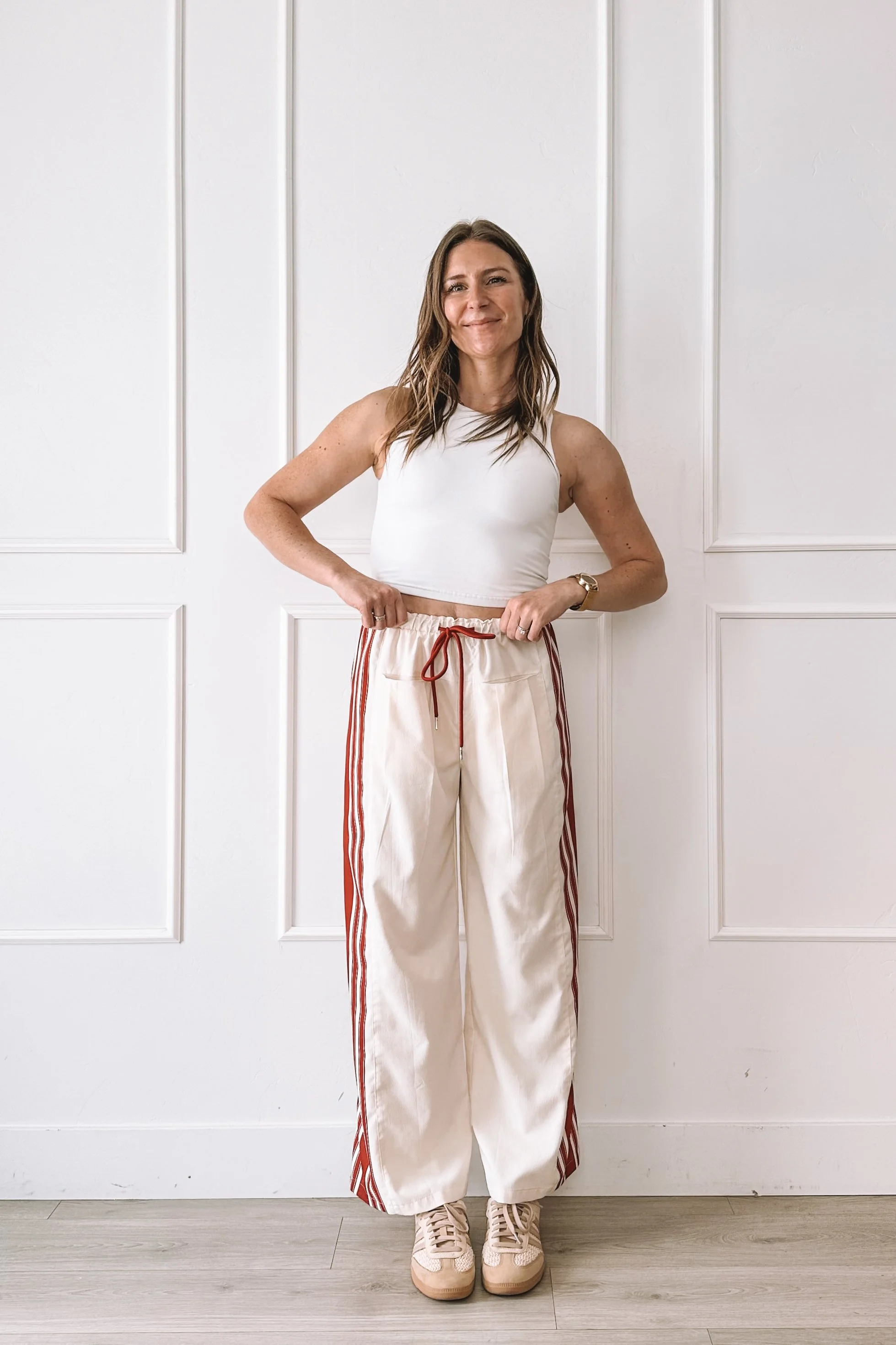 Cream Wide Leg Pants With Red Stripe Outfit