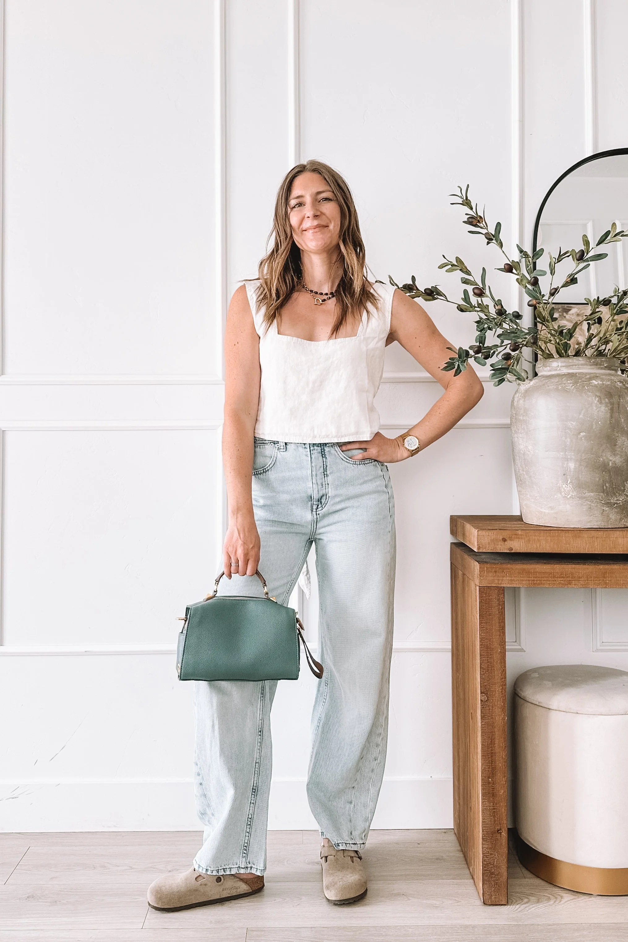 Open Back Linen Top Outfit Side View