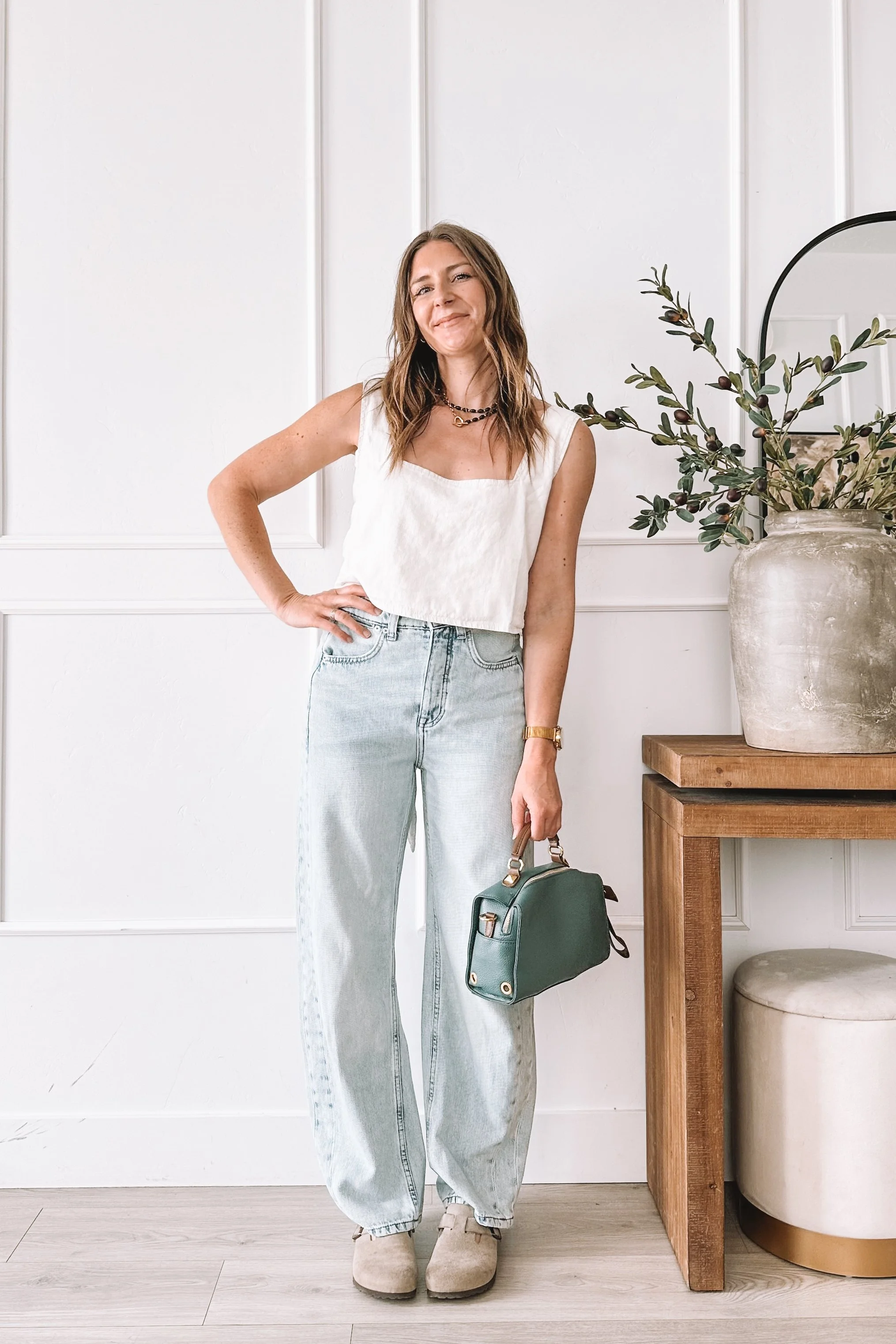 Open Back Linen Top Outfit Side View