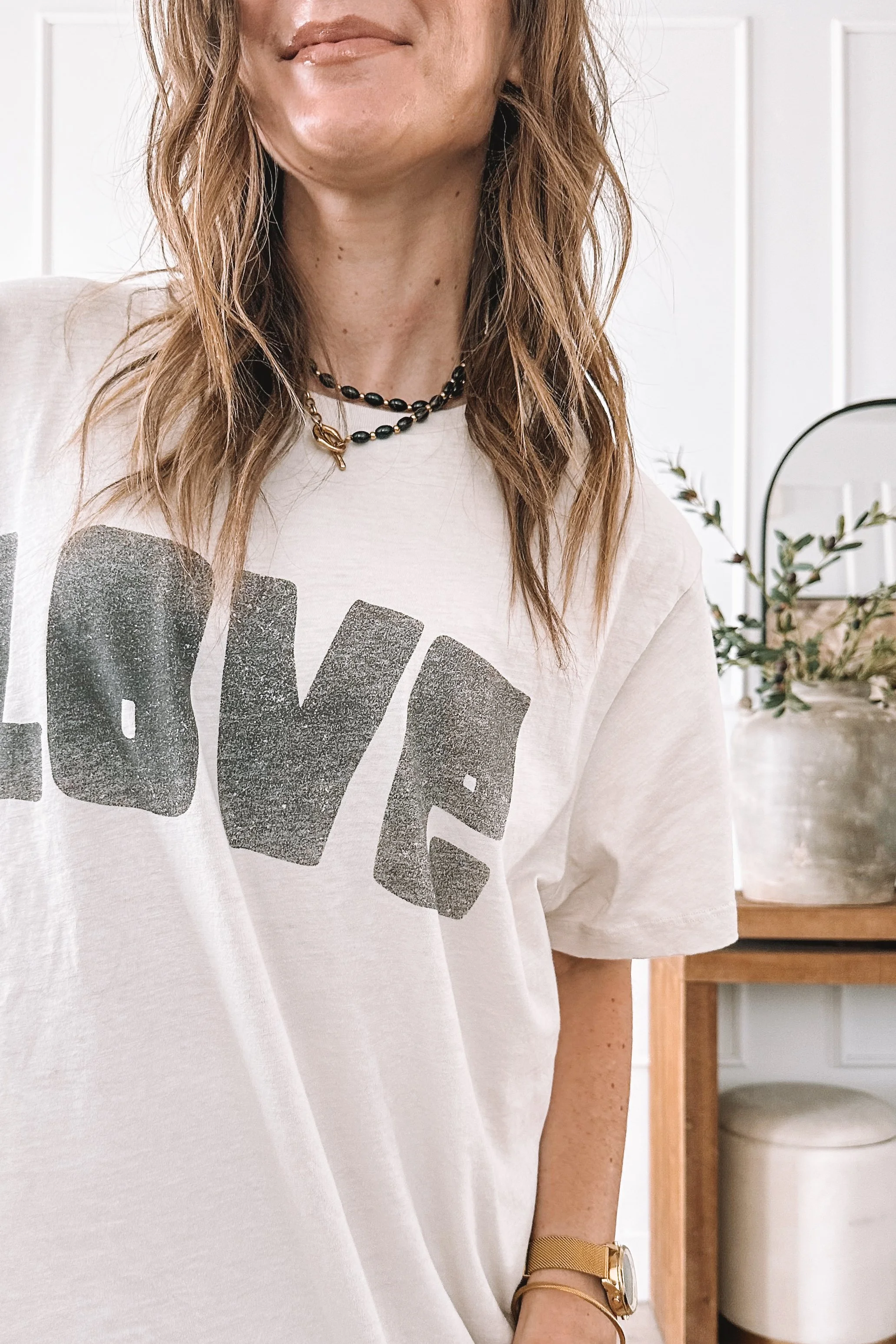 Polka Dot Midi Skirt Spring Outfit with Graphic Tee and Steve Madden Slides