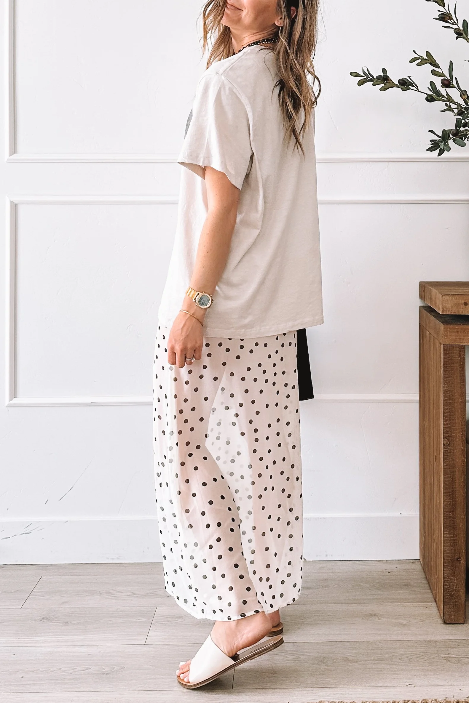 Polka Dot Midi Skirt Spring Outfit with Graphic Tee and Steve Madden Slides