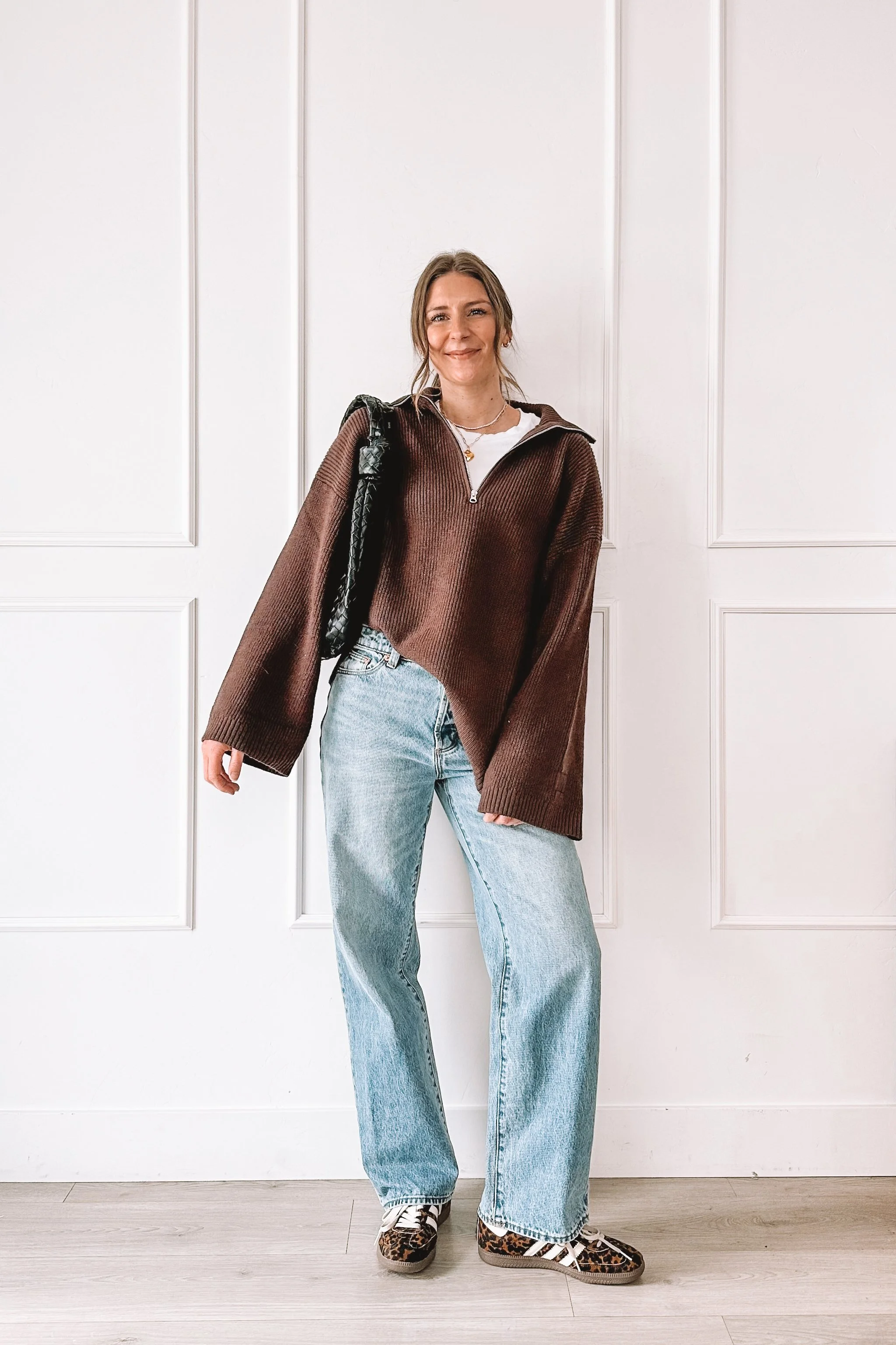 leopard-sneakers-outfit-wide-leg-jeans-brown-half-zip-sweater