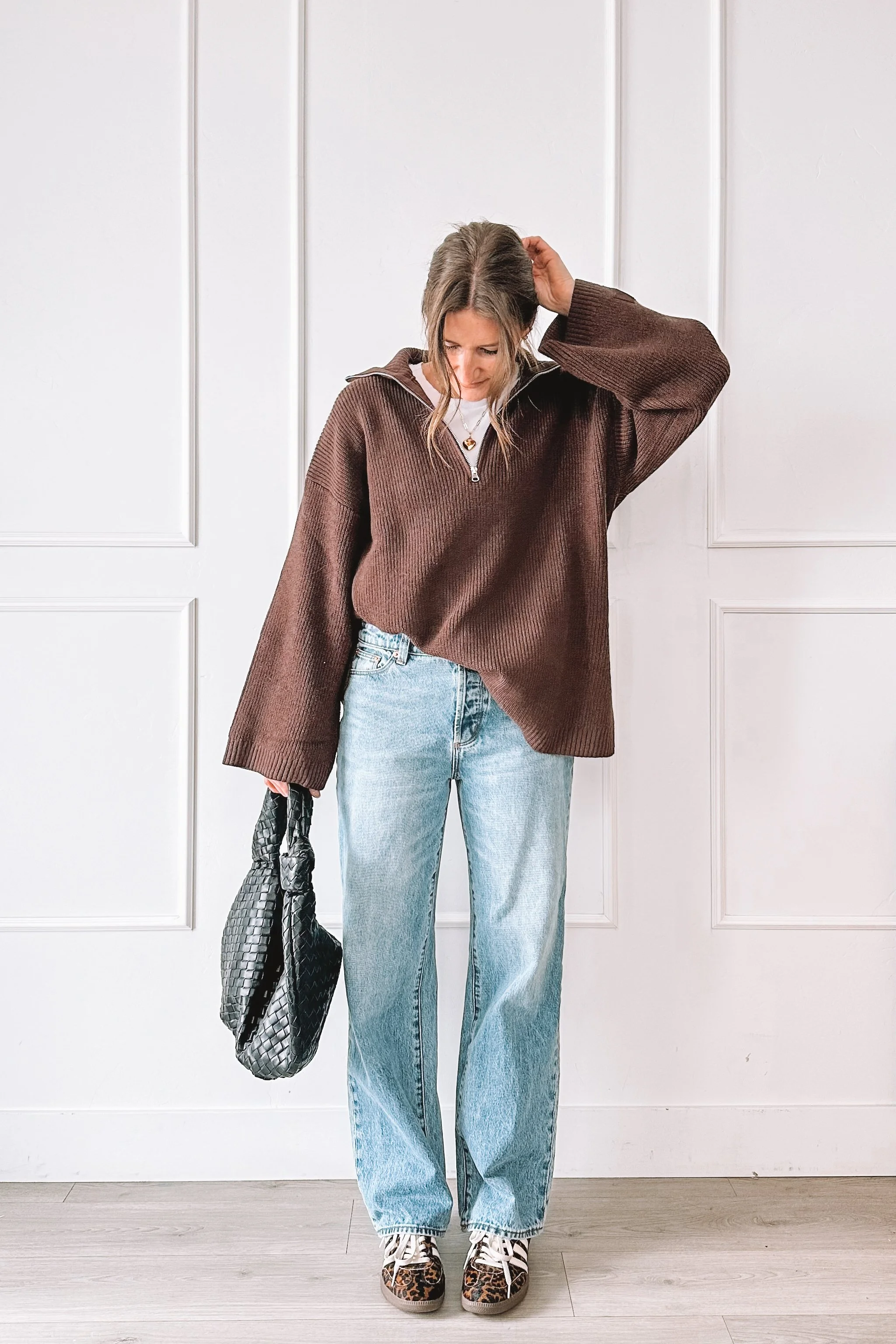 leopard-sneakers-outfit-wide-leg-jeans-brown-half-zip-sweater