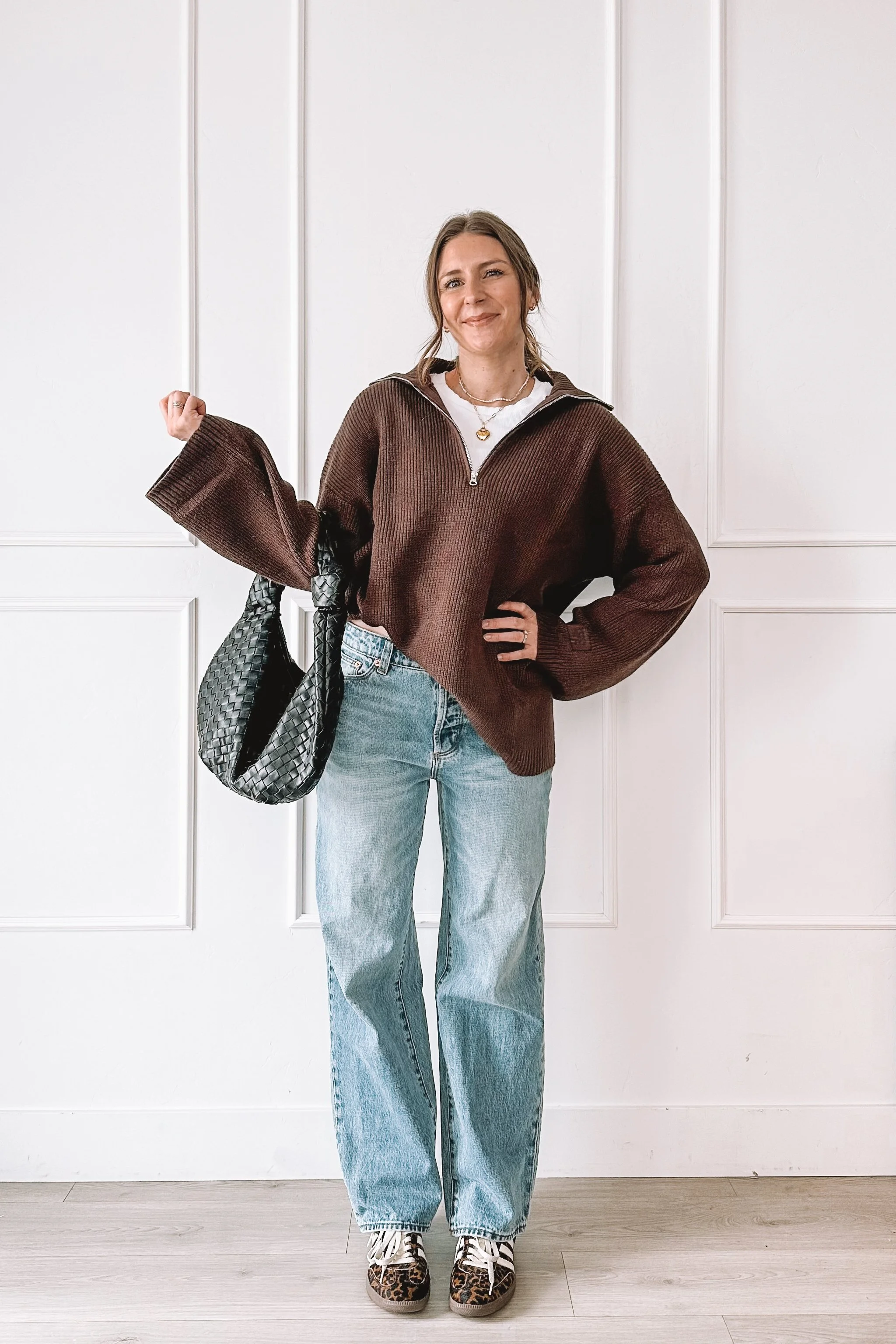 leopard-sneakers-outfit-wide-leg-jeans-brown-half-zip-sweater