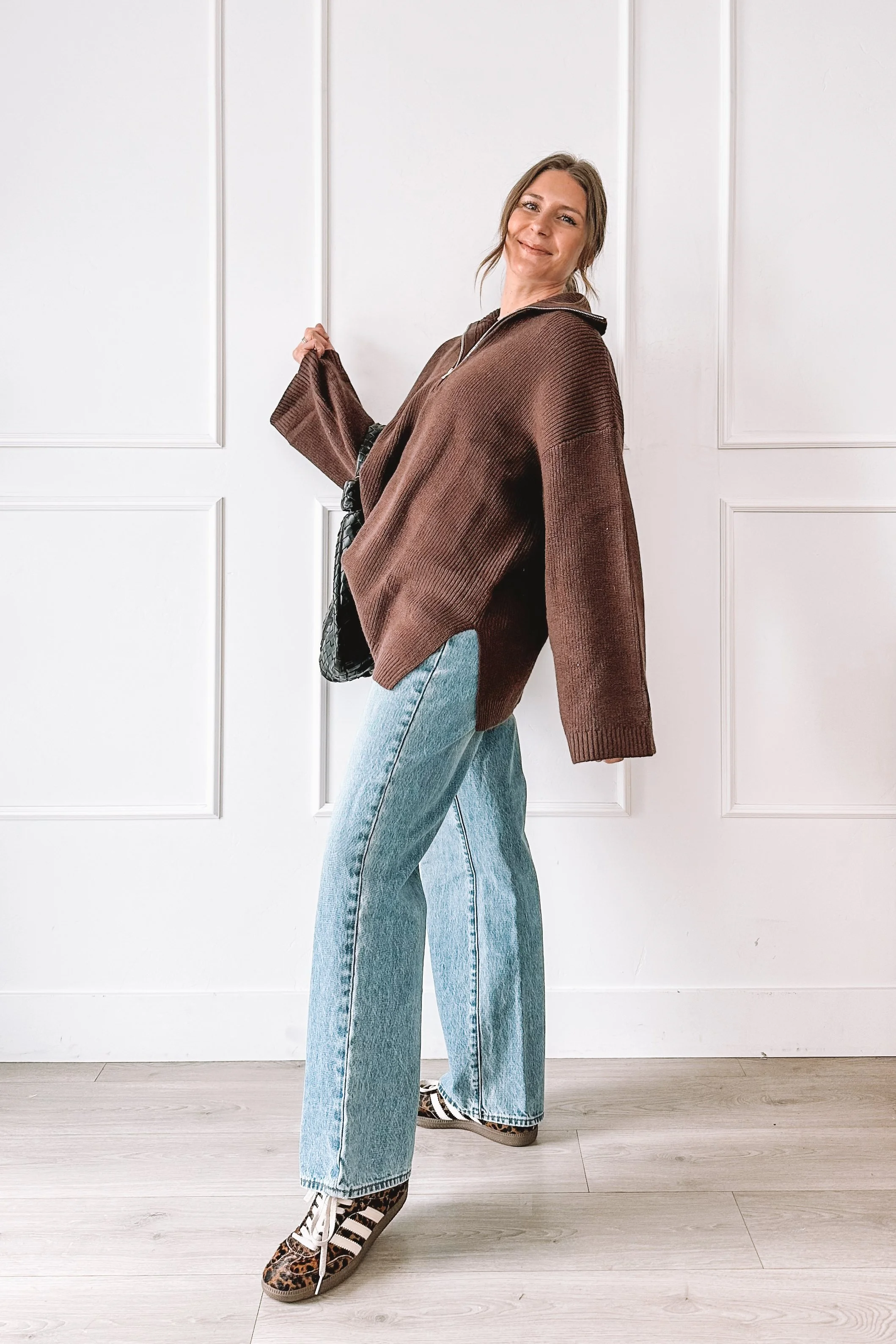 leopard-sneakers-outfit-wide-leg-jeans-brown-half-zip-sweater