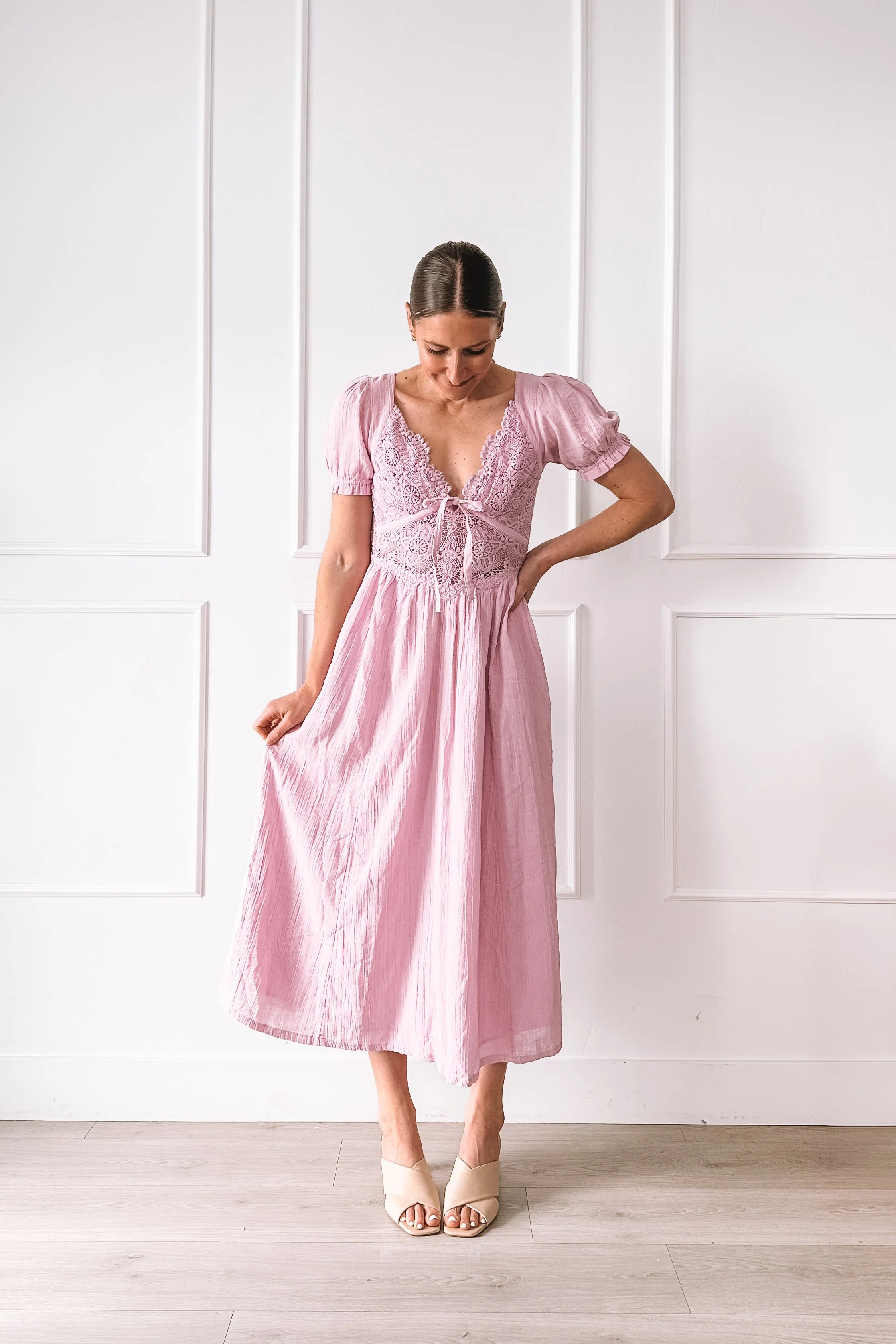 pink-lace-midi-dress-mothers-day-outfit-idea