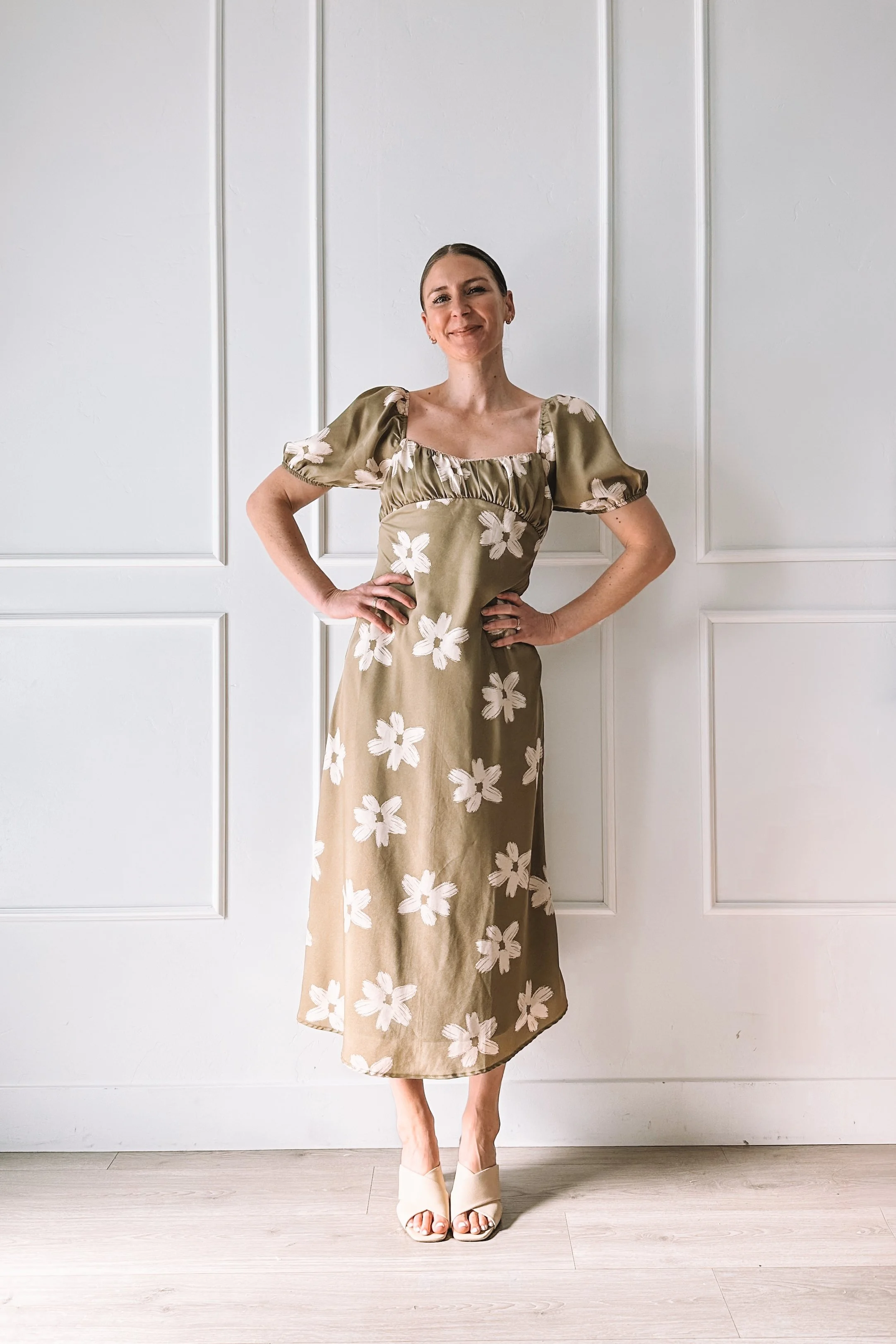 olive-puff-sleeve-floral-midi-dress-mothers-day-outfit