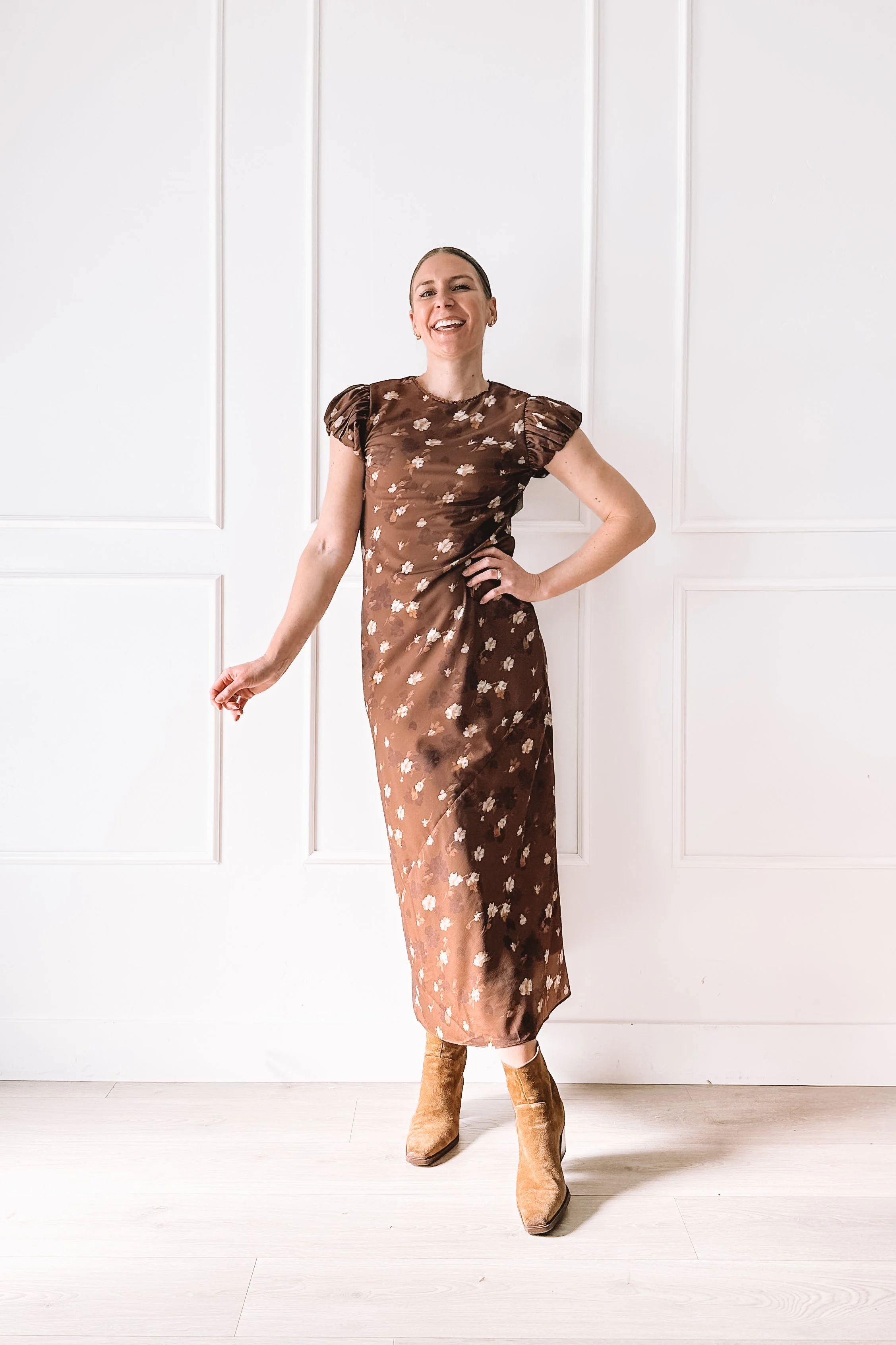 brown-floral-midi-dress-cap-sleeve-mothers-day