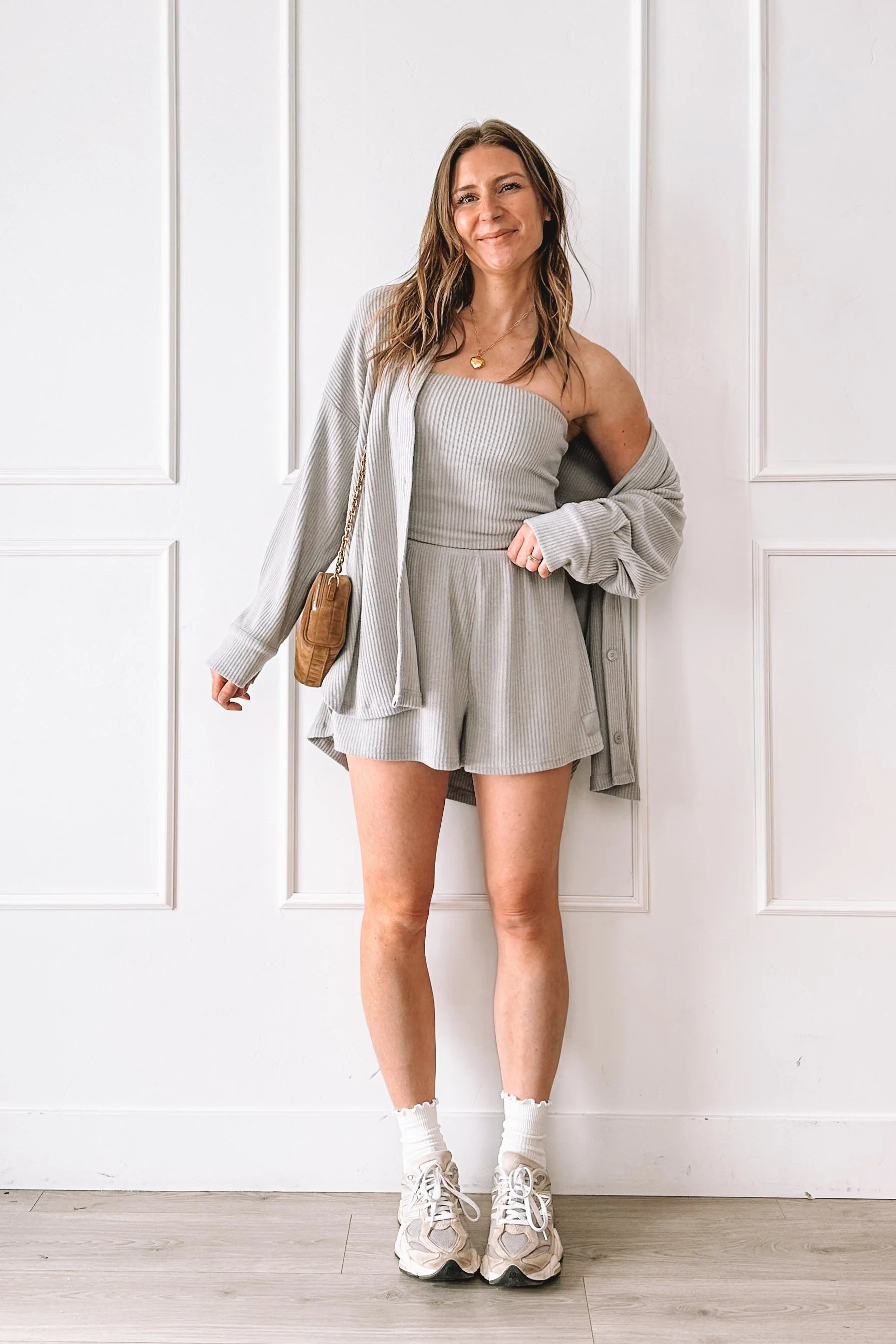 Grey Ribbed 3 Piece Matching Set Outfit Ideas Summer 2025