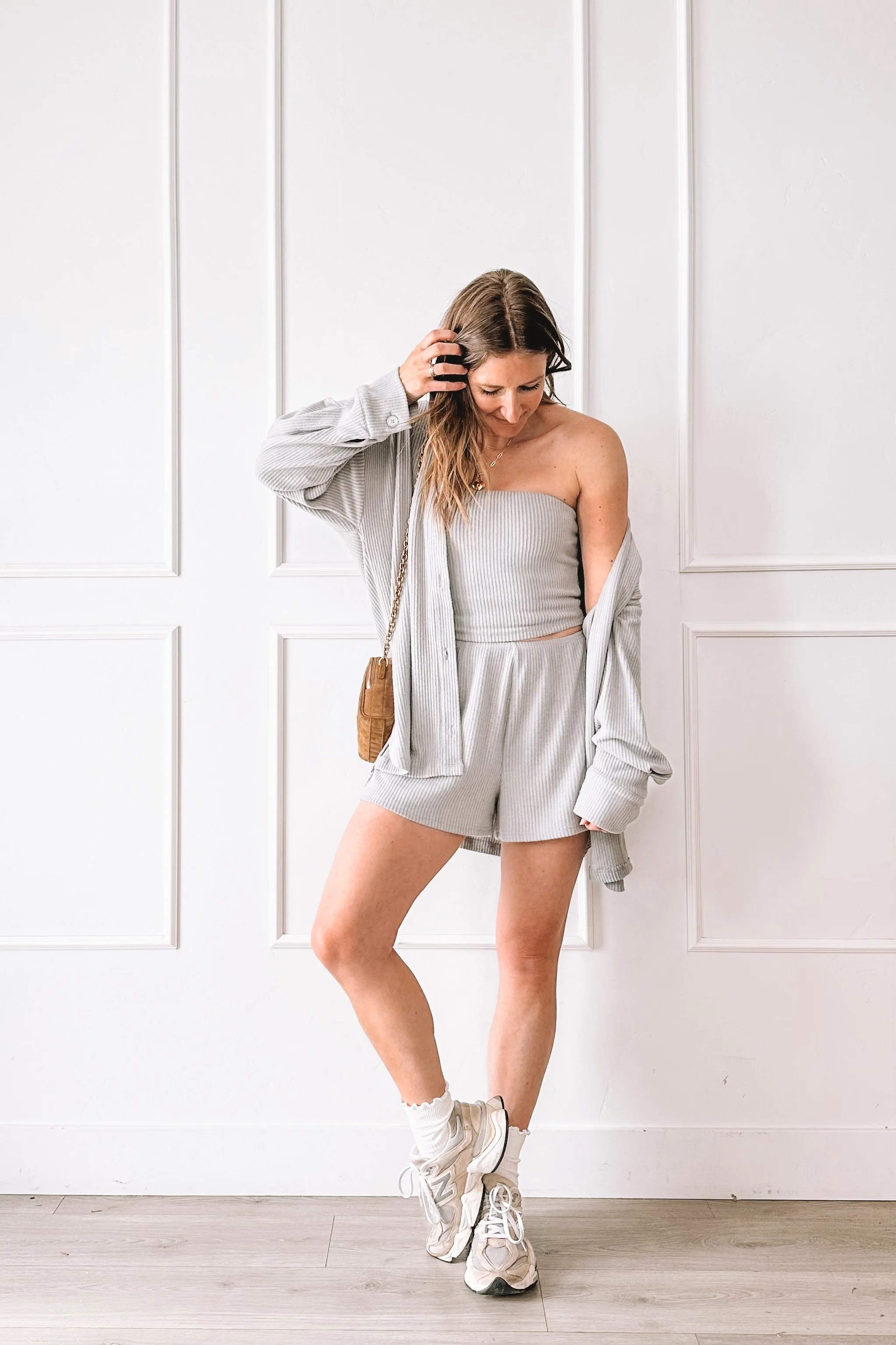 Grey Ribbed 3 Piece Matching Set Outfit Ideas Summer 2025