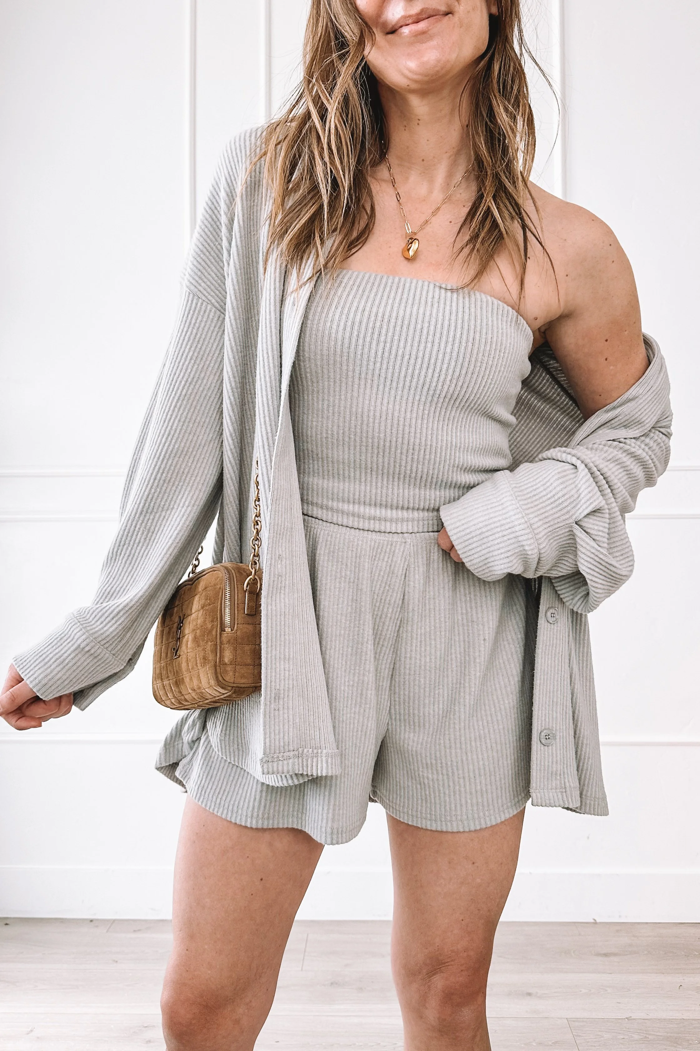 Everyday Mom Outfit Ideas Grey Ribbed Matching Set