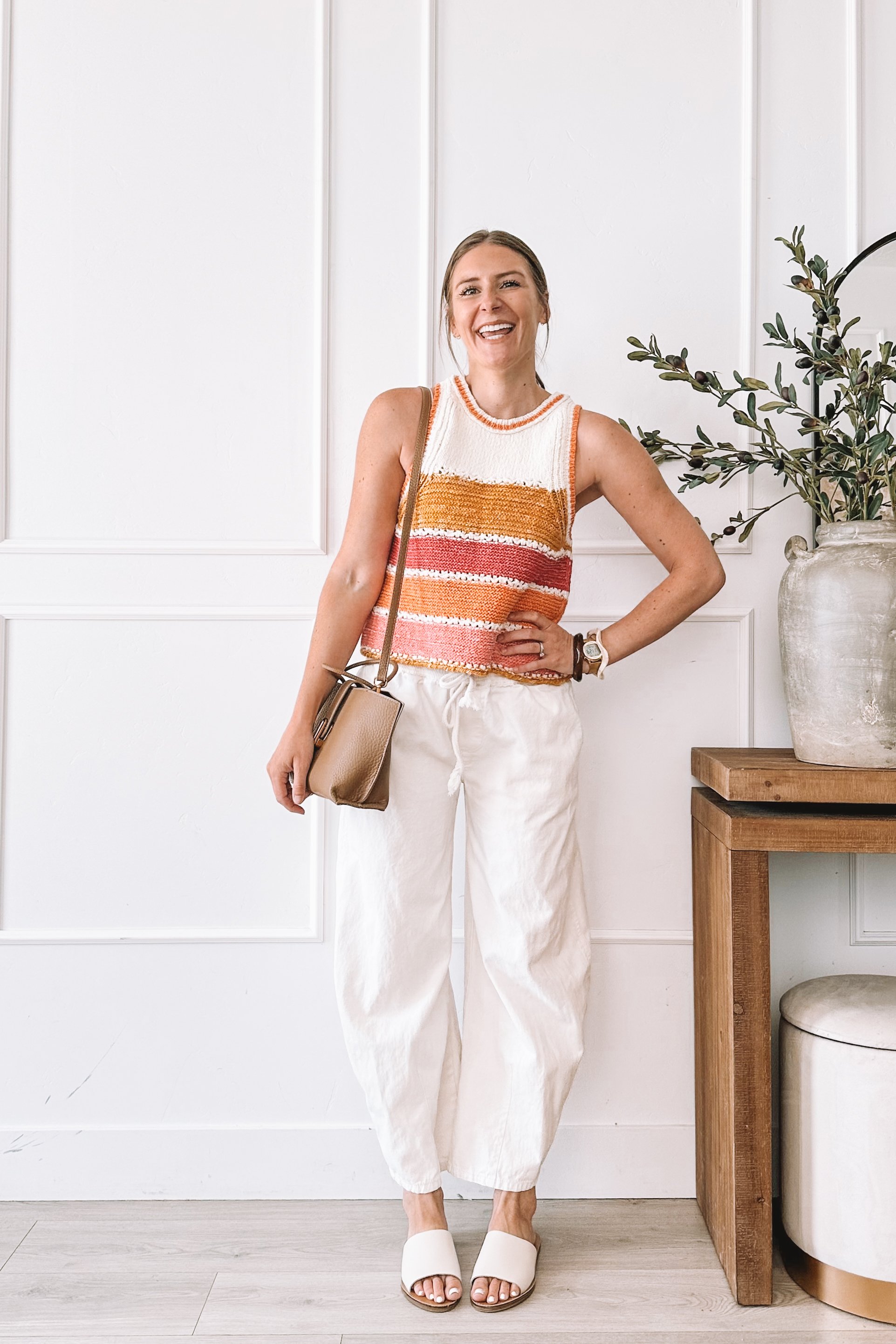 Everyday Mom Outfit Ideas Summer Crochet Top and Linen Pants