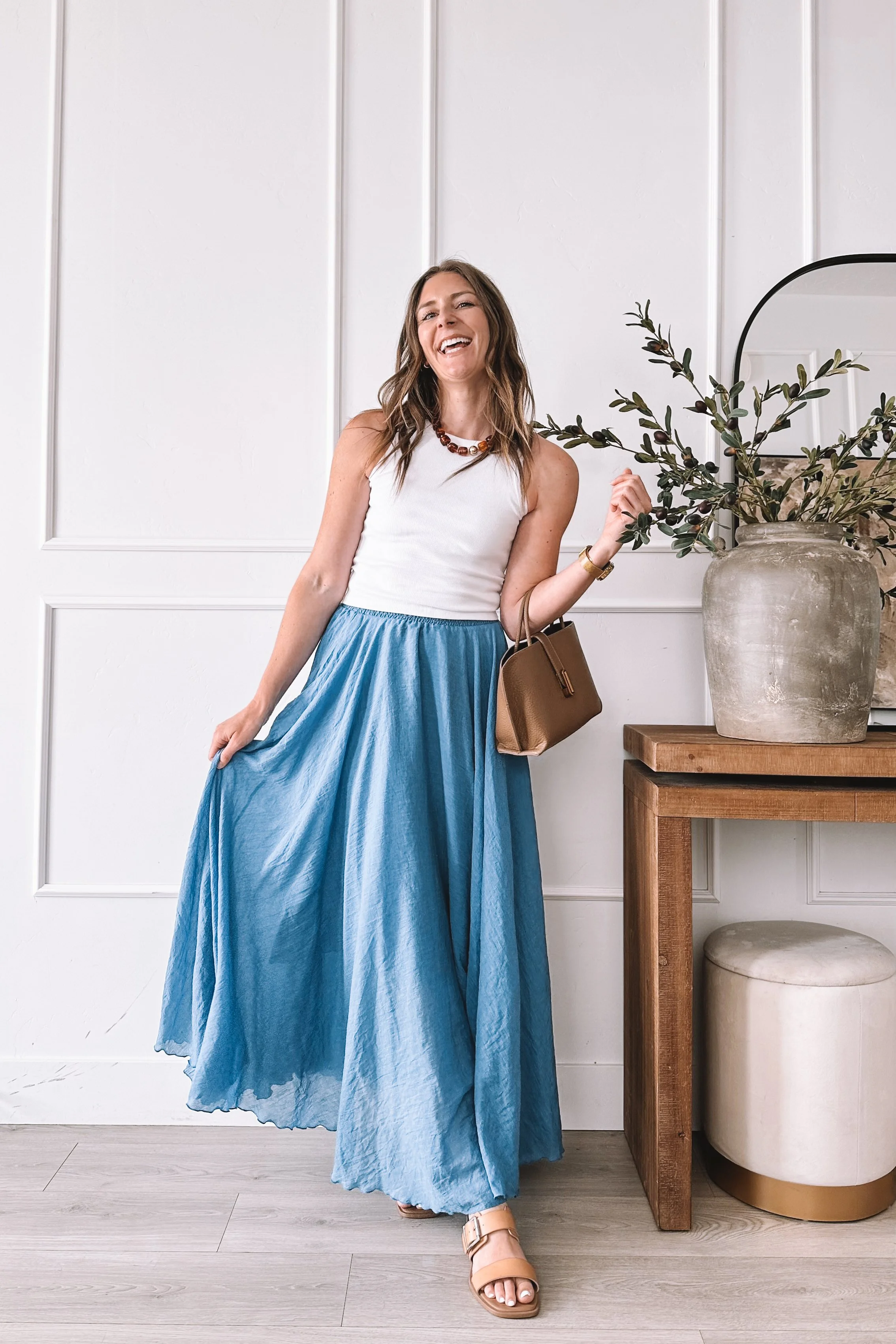 how to style a blue maxi skirt