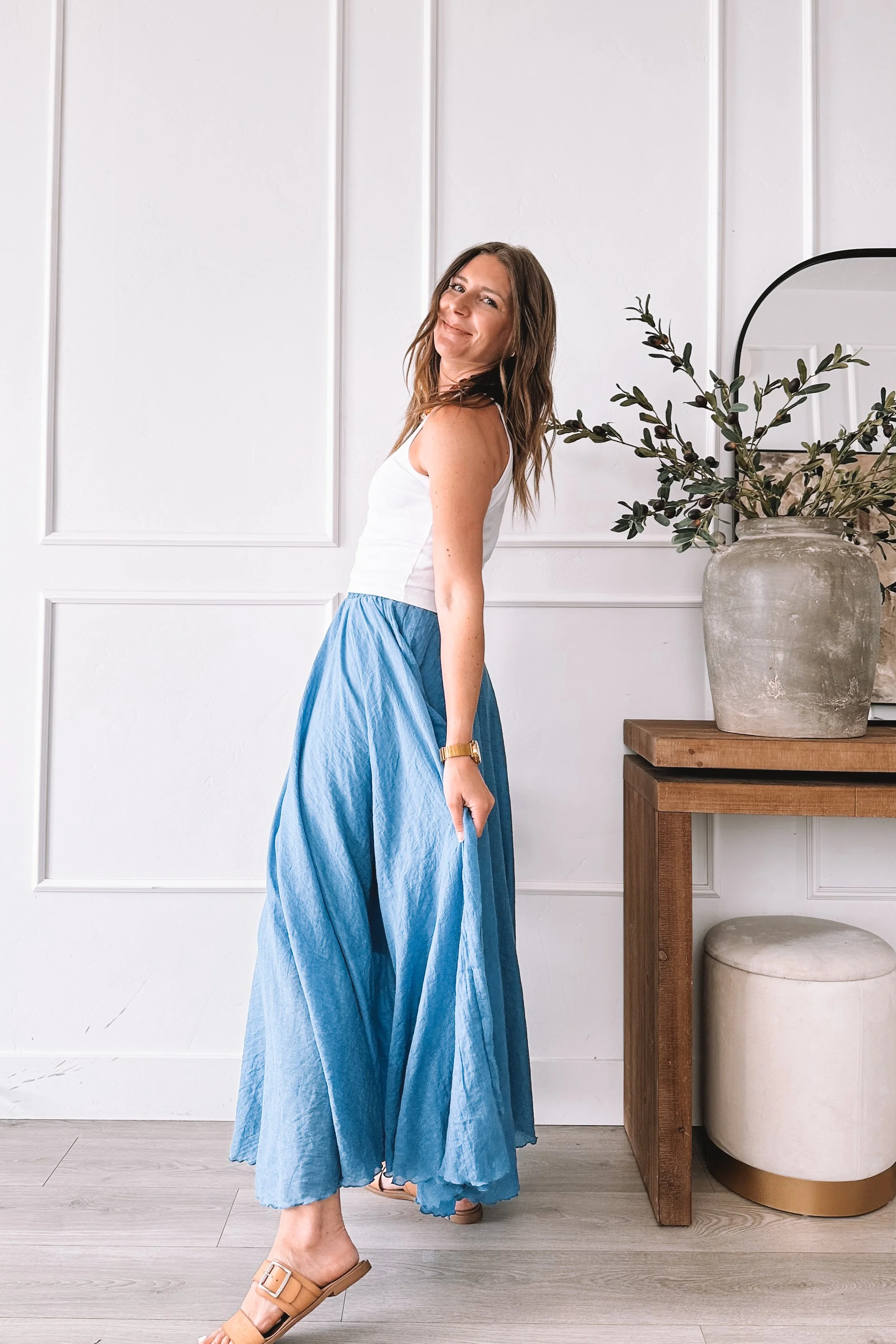 blue maxi skirt summer outfit