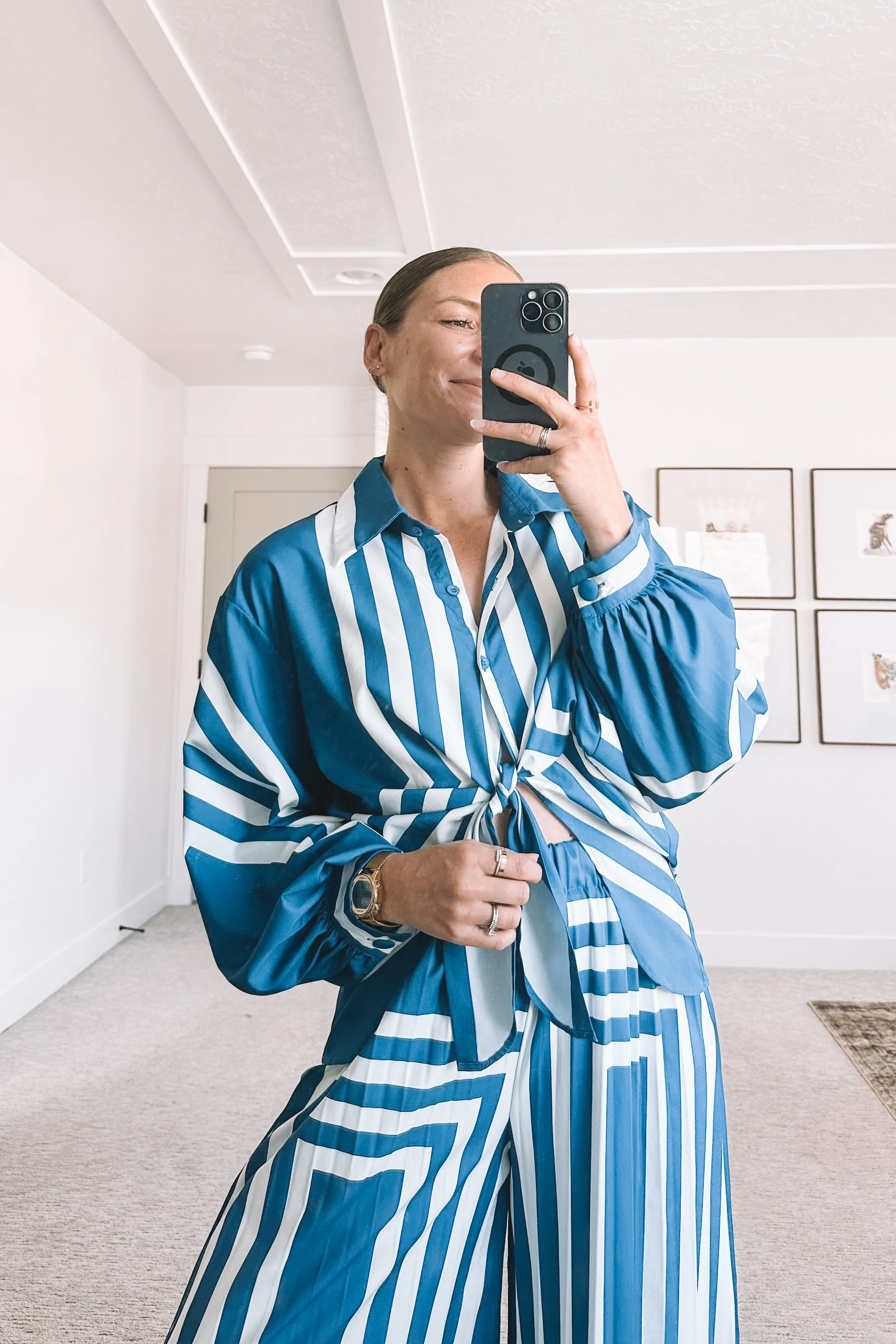 Blue Striped Matching Set Summer Outfit