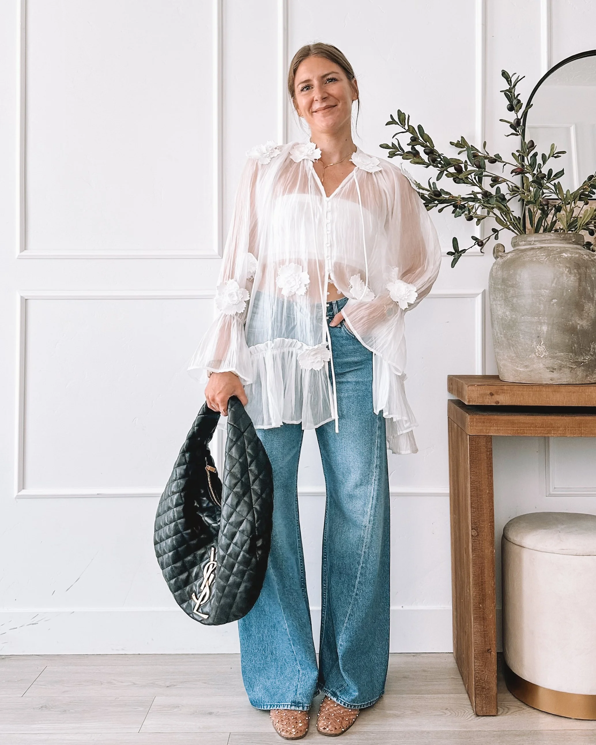 Sheer Floral Blouse With Wide Leg Jeans Outfit