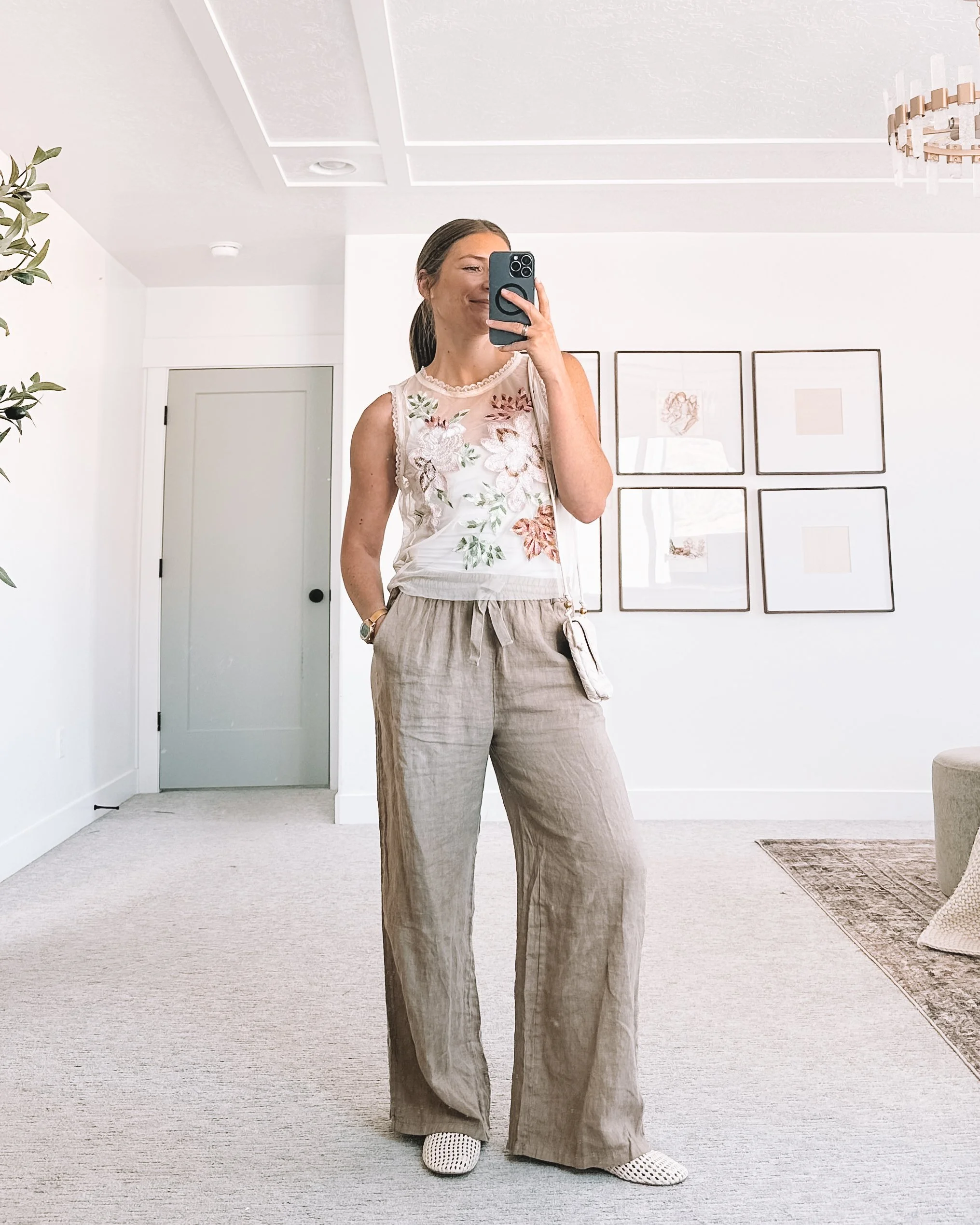 Sheer Floral Top With Wide Leg Linen Pants Outfit