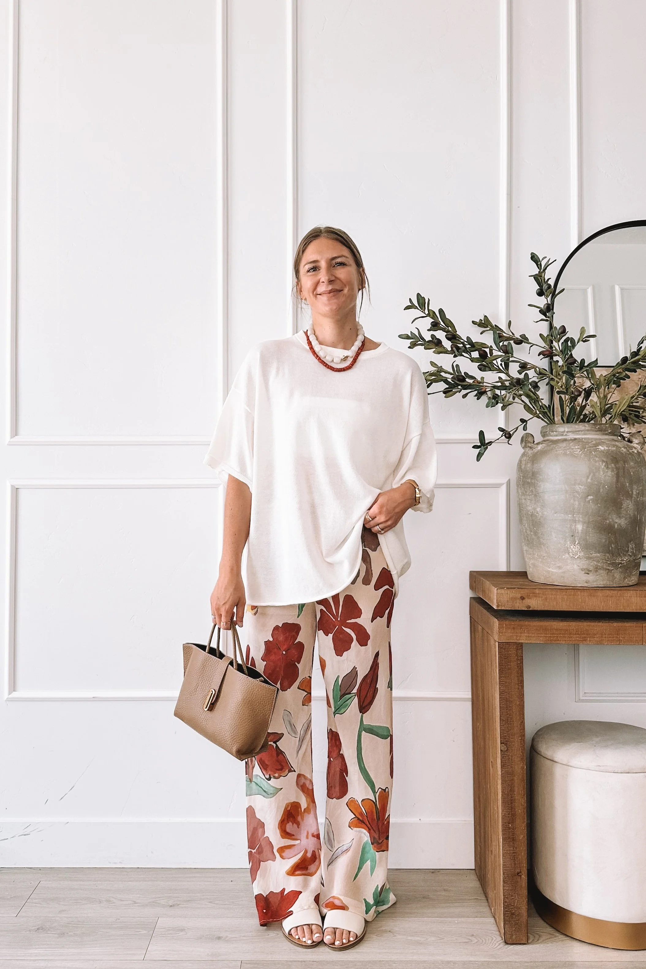 Floral Wide Leg Pants White Tee Outfit