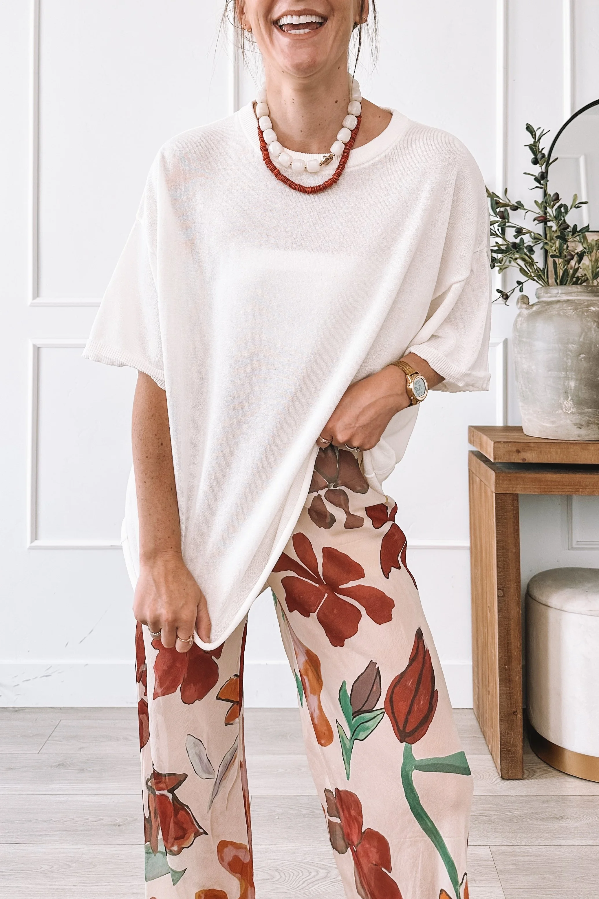Floral Wide Leg Pants White Tee Outfit