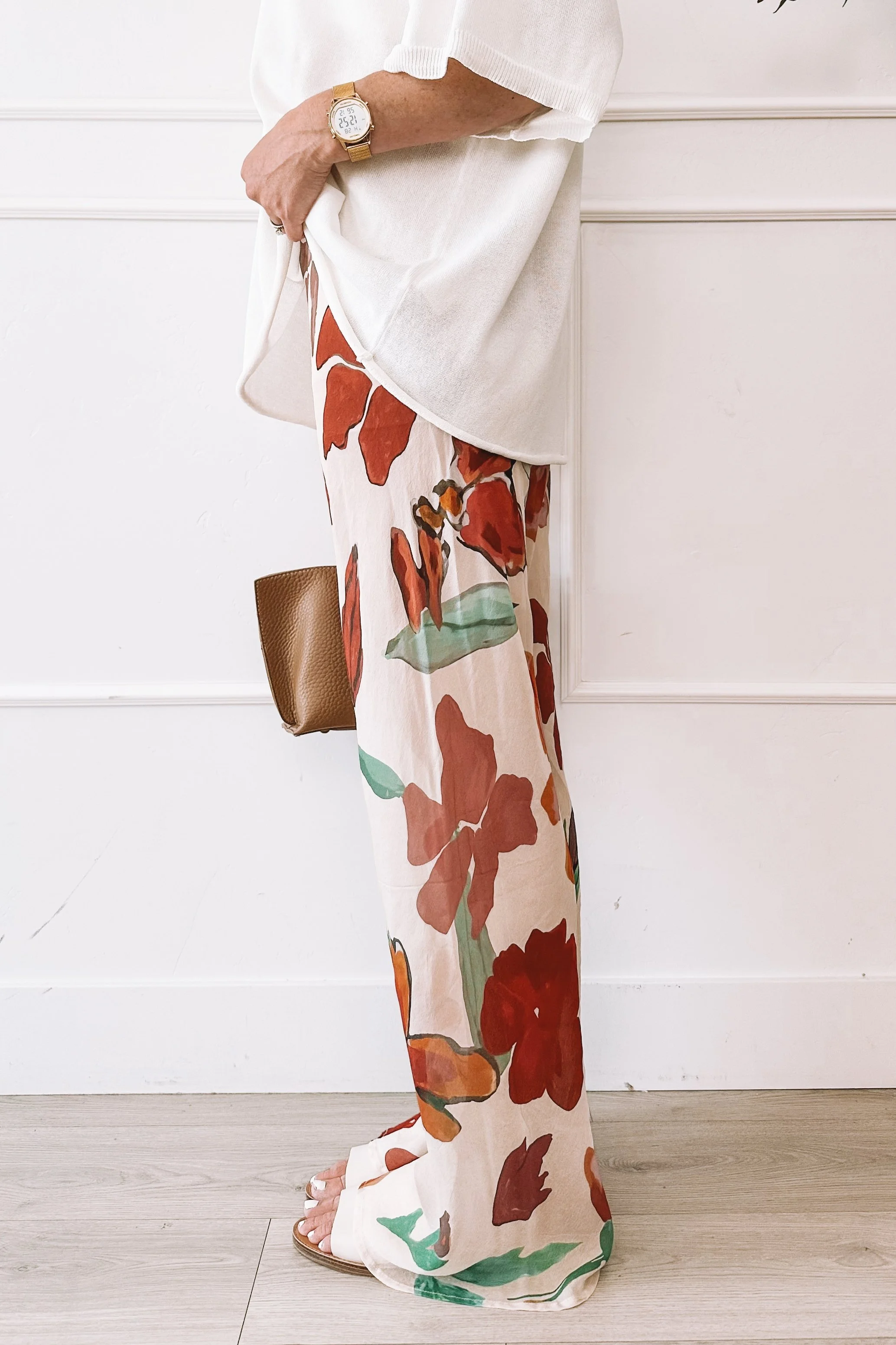 Floral Wide Leg Pants White Tee Outfit