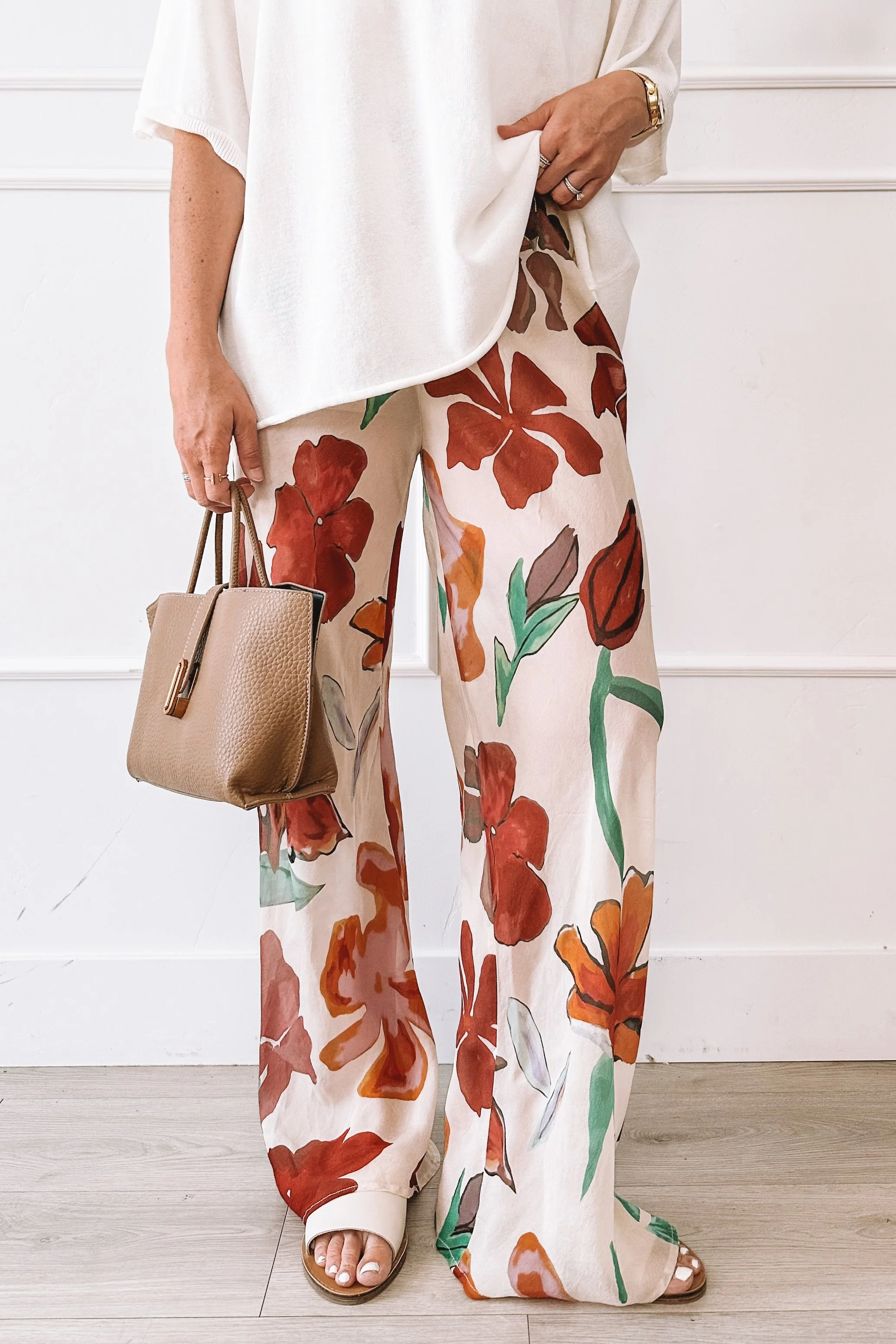 Floral Wide Leg Pants White Tee Outfit