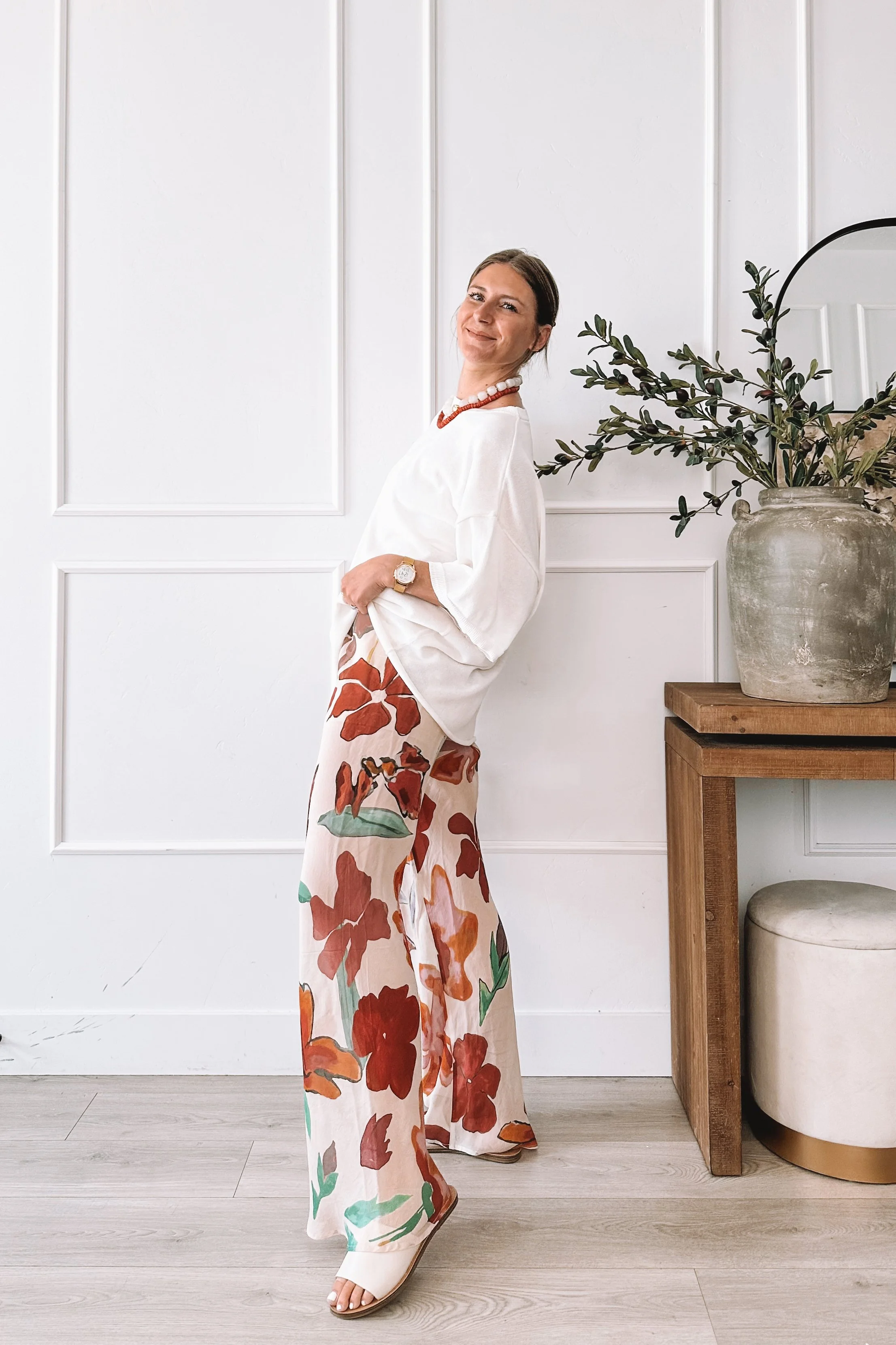 Floral Wide Leg Pants White Tee Outfit