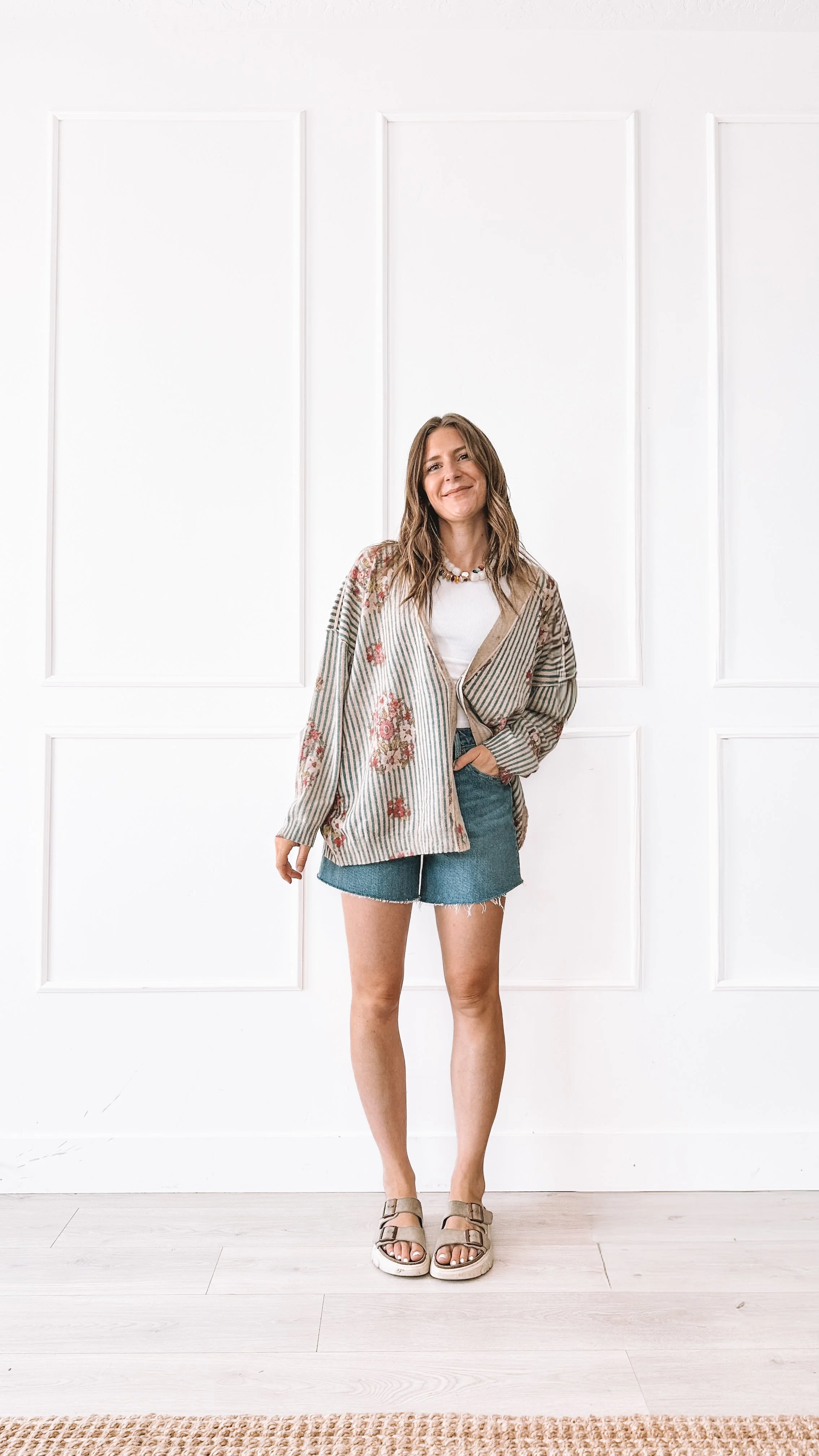 Striped Cardigan Outfit With Denim Shorts