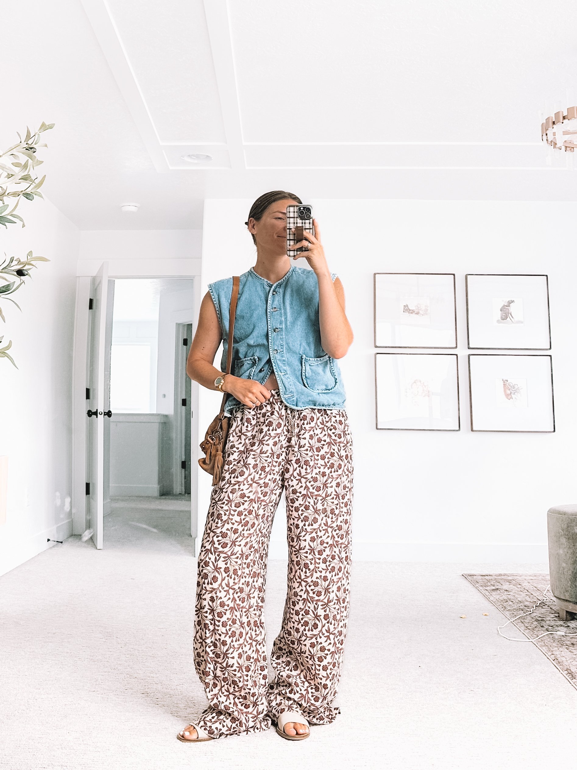 Amazon Denim Vest with Flowy Floral Pants Outfit