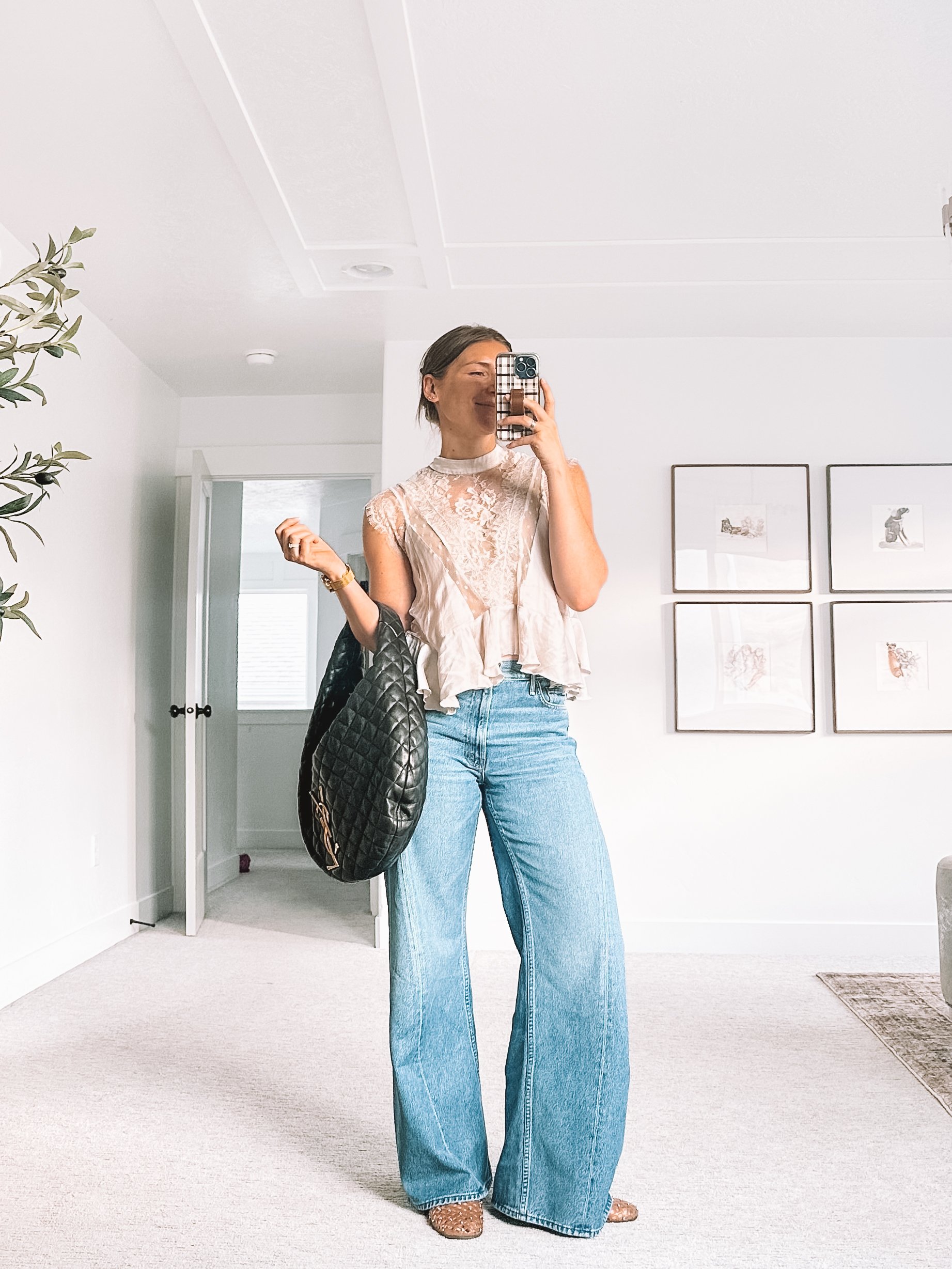 Lace and Satin Top with Wide Leg Jeans Date Night Outfit