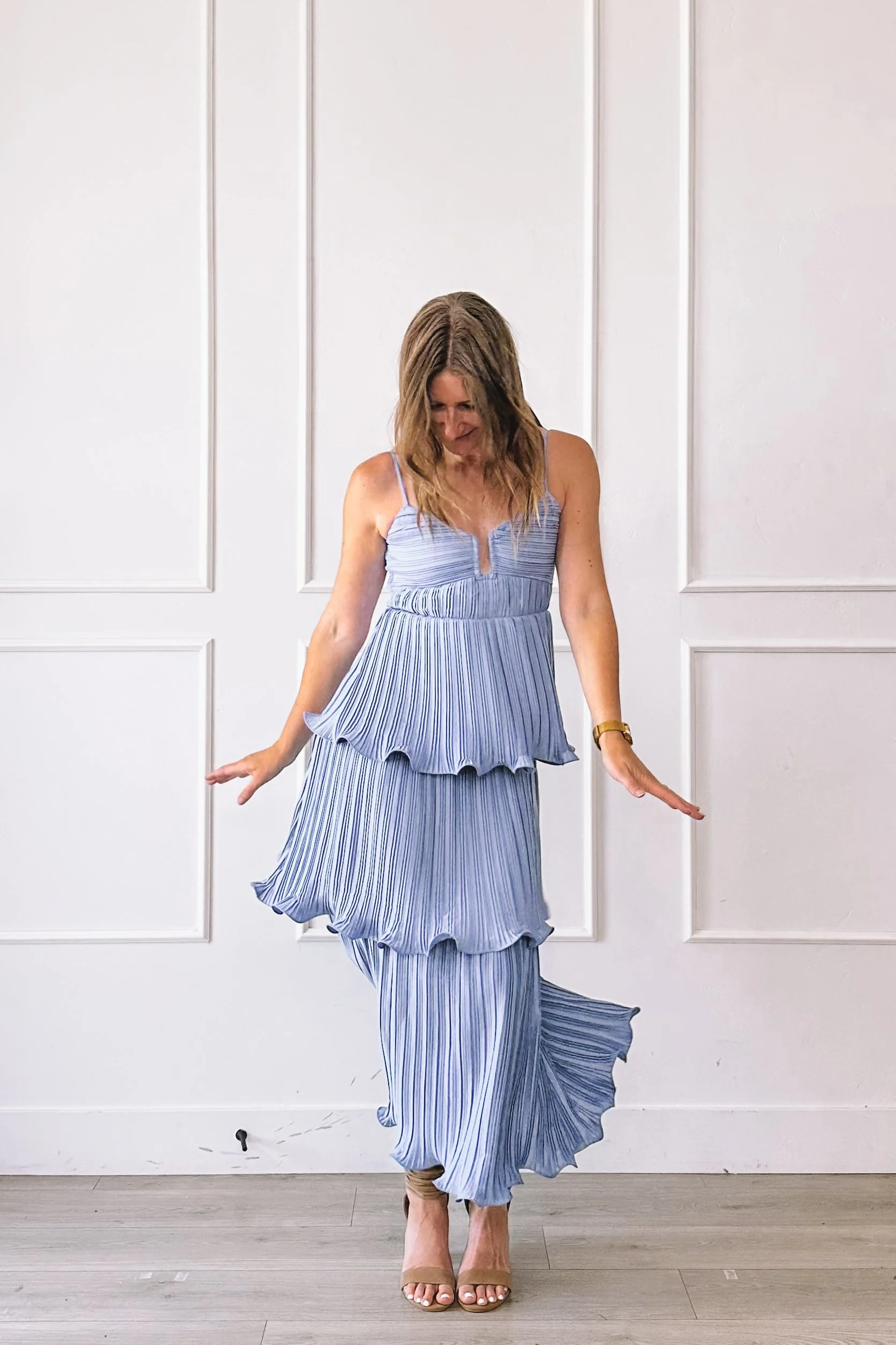Tiered Pleated Blue Maxi Wedding Guest Dress