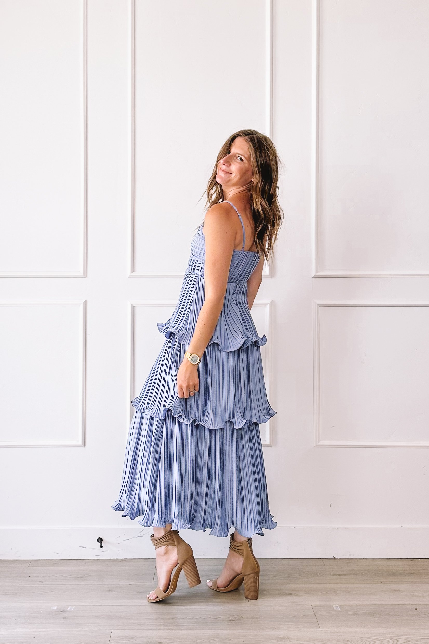 Tiered Pleated Blue Maxi Wedding Guest Dress