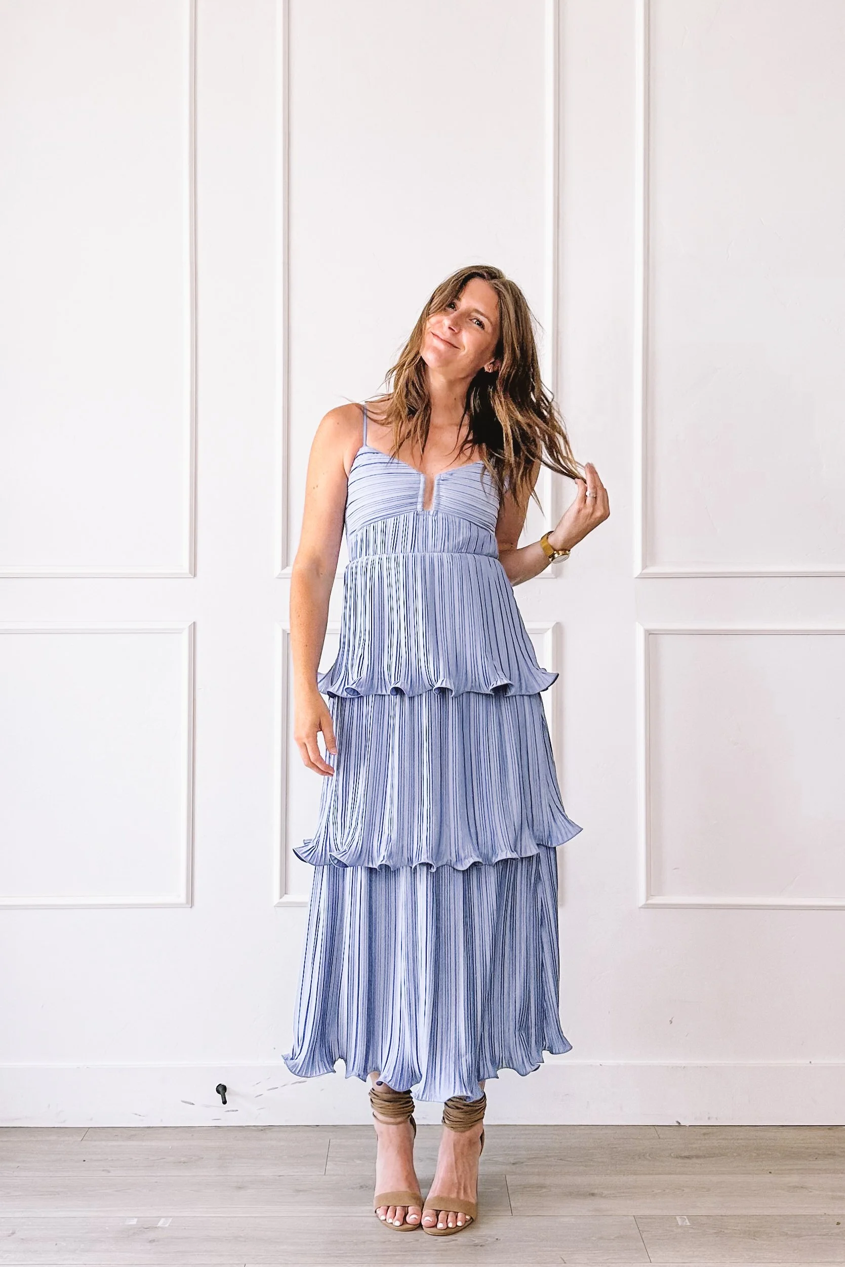 Tiered Pleated Blue Maxi Wedding Guest Dress