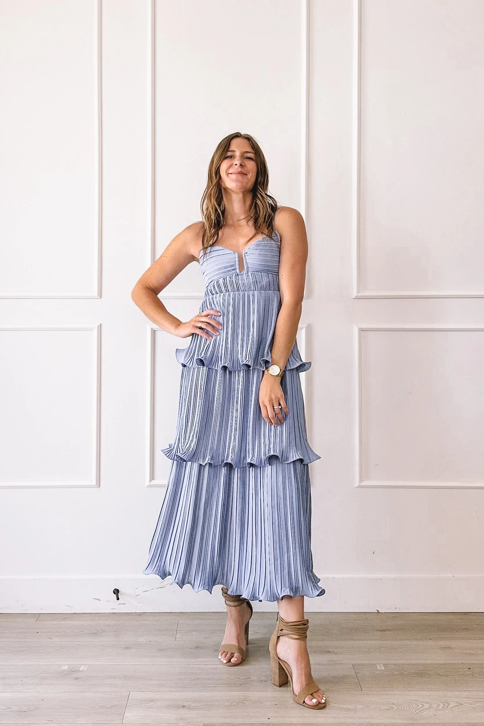 Tiered Pleated Blue Maxi Wedding Guest Dress