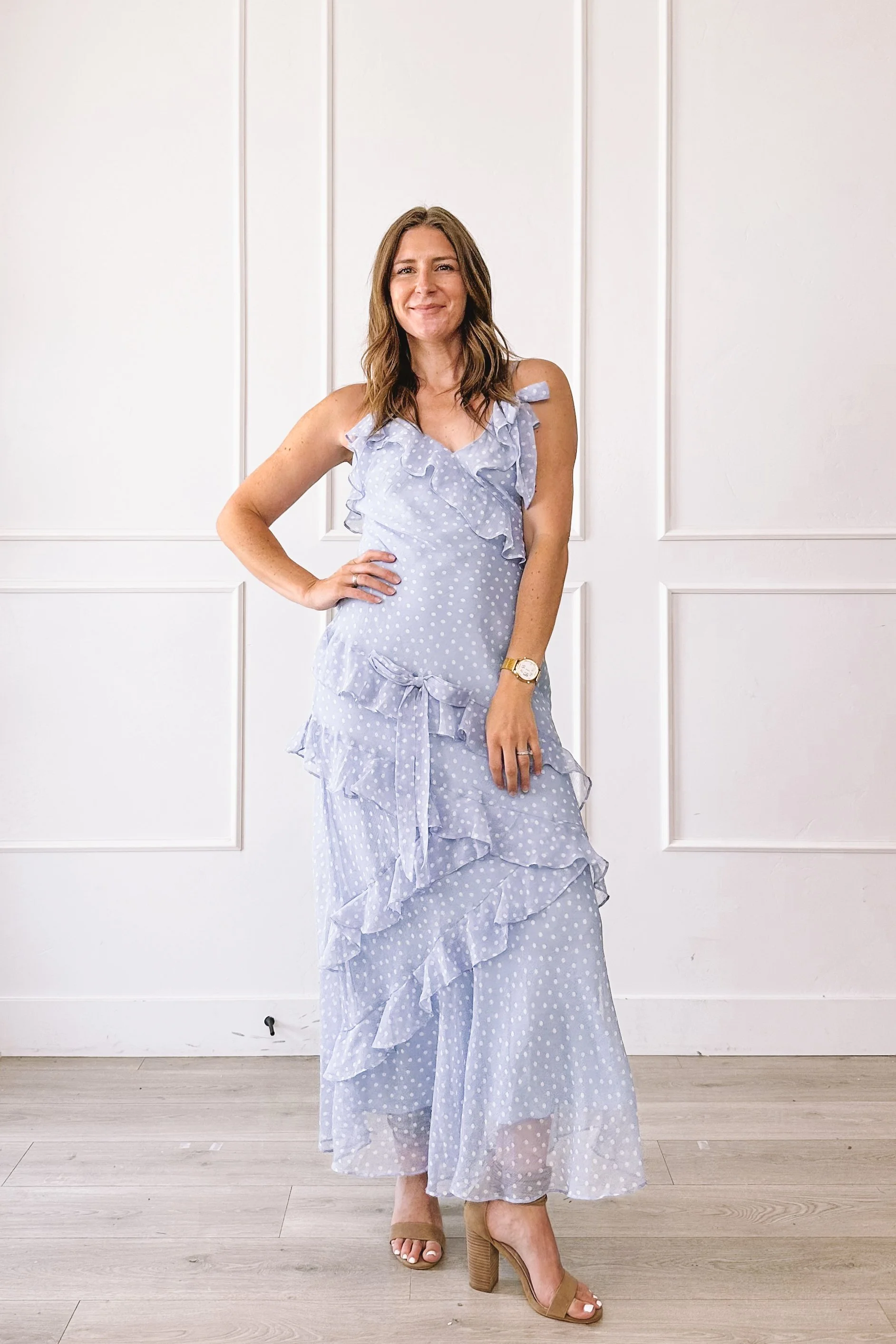 Blue Polka Dot Ruffle Maxi Wedding Guest Dress