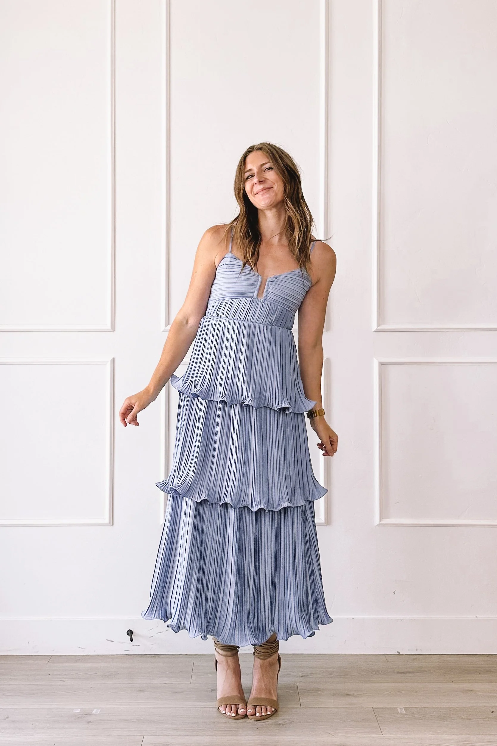 Tiered Pleated Blue Maxi Wedding Guest Dress