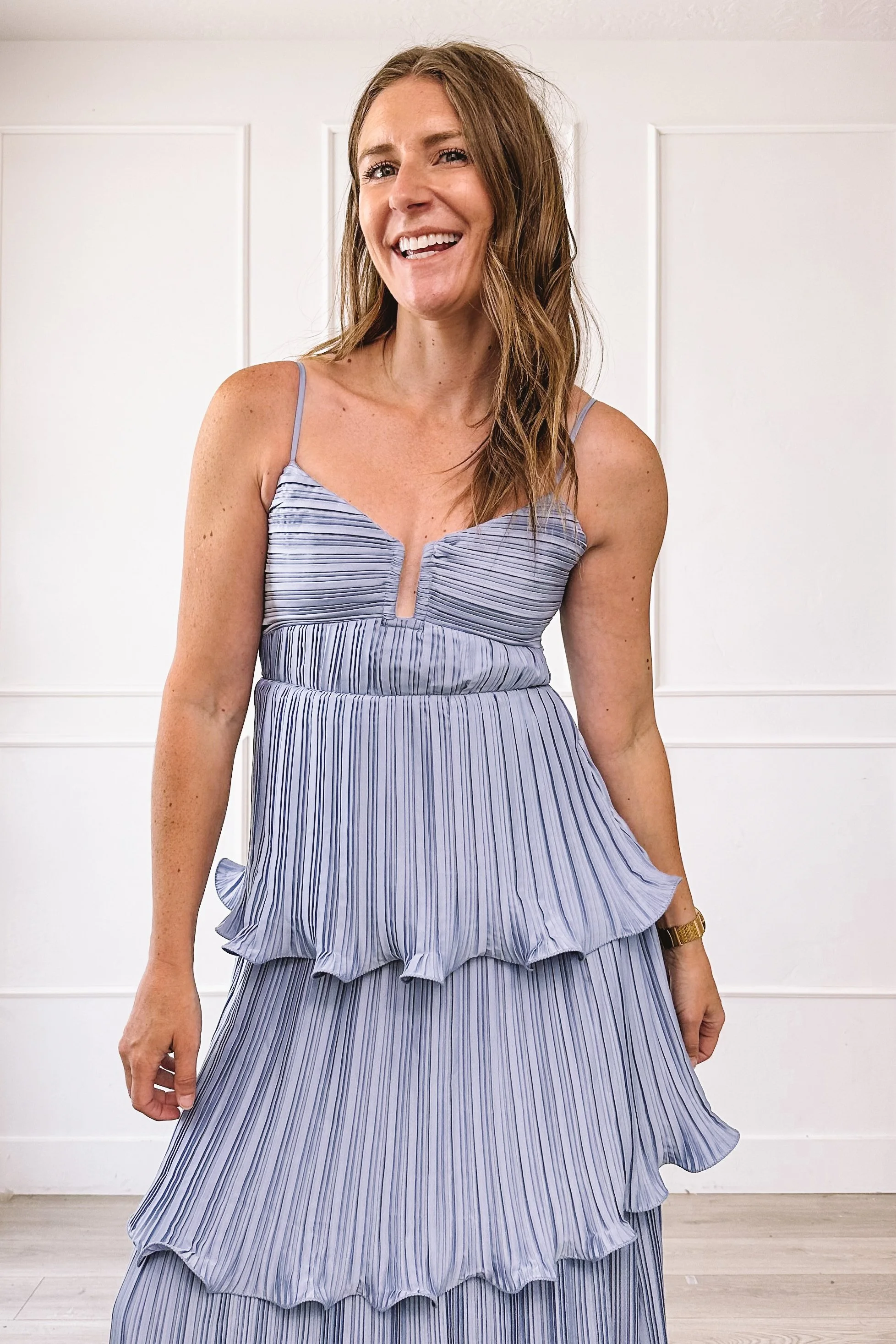 Tiered Pleated Blue Maxi Wedding Guest Dress