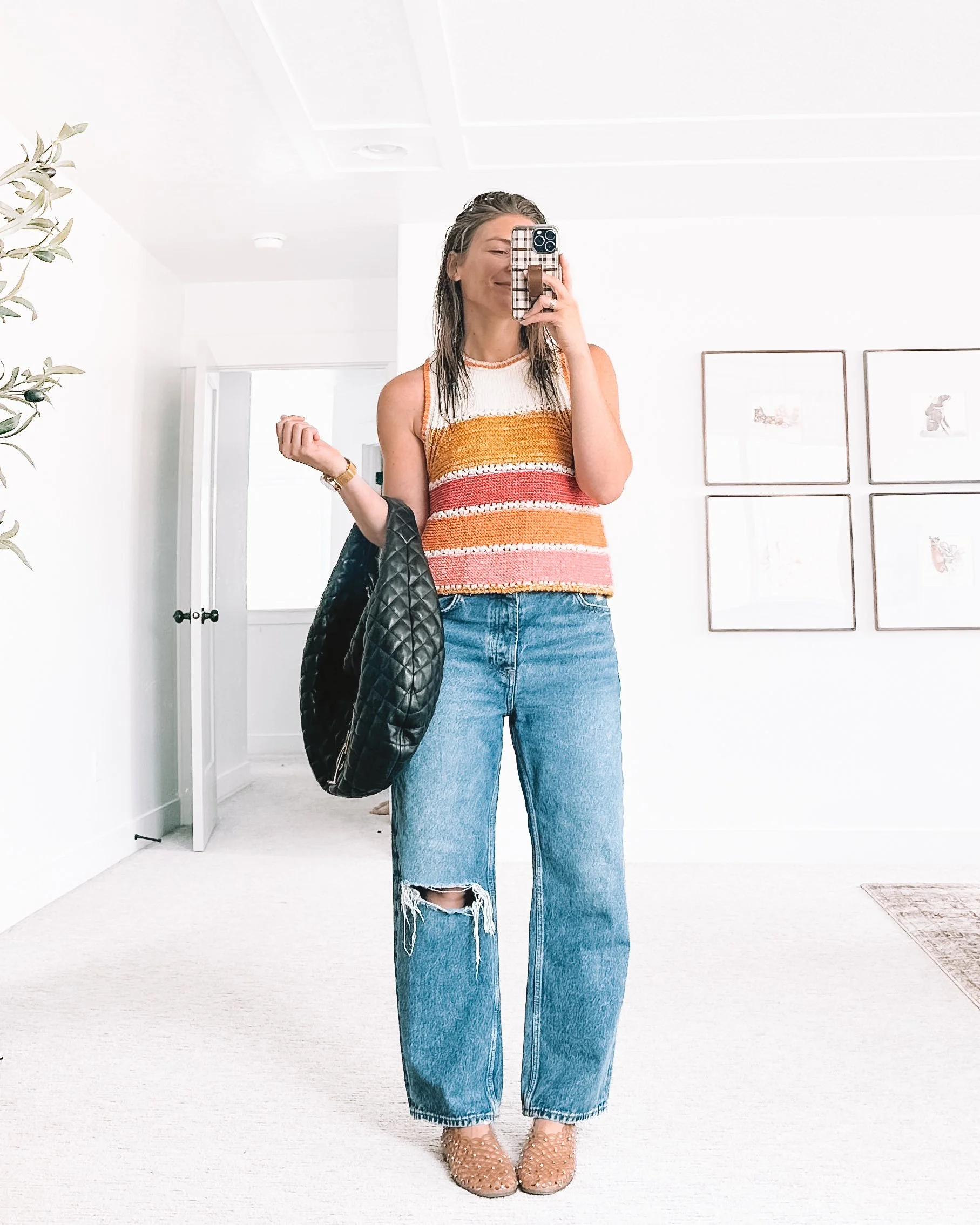 striped crochet tank summer outfit with jeans