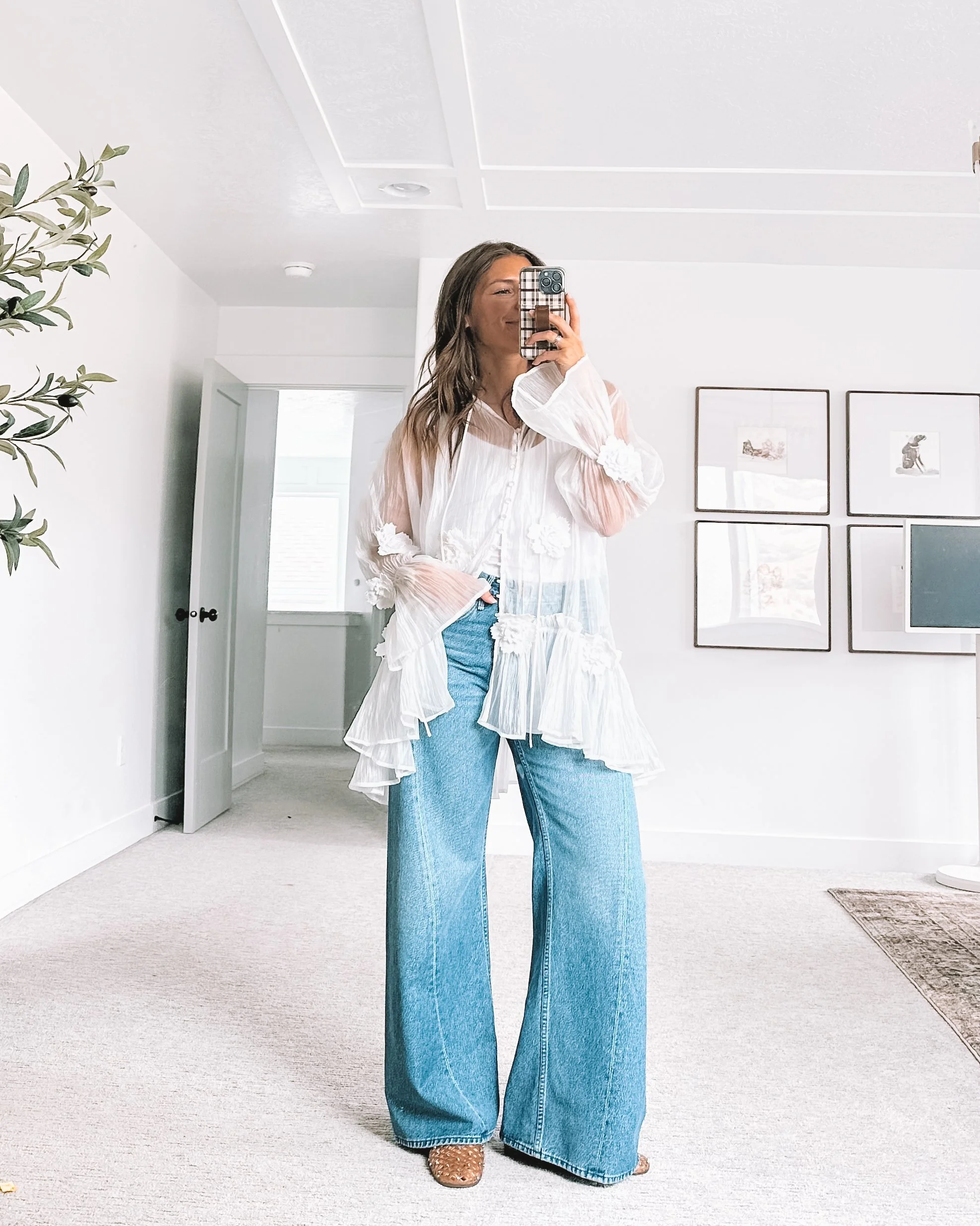 sheer ruffle blouse with wide leg jeans