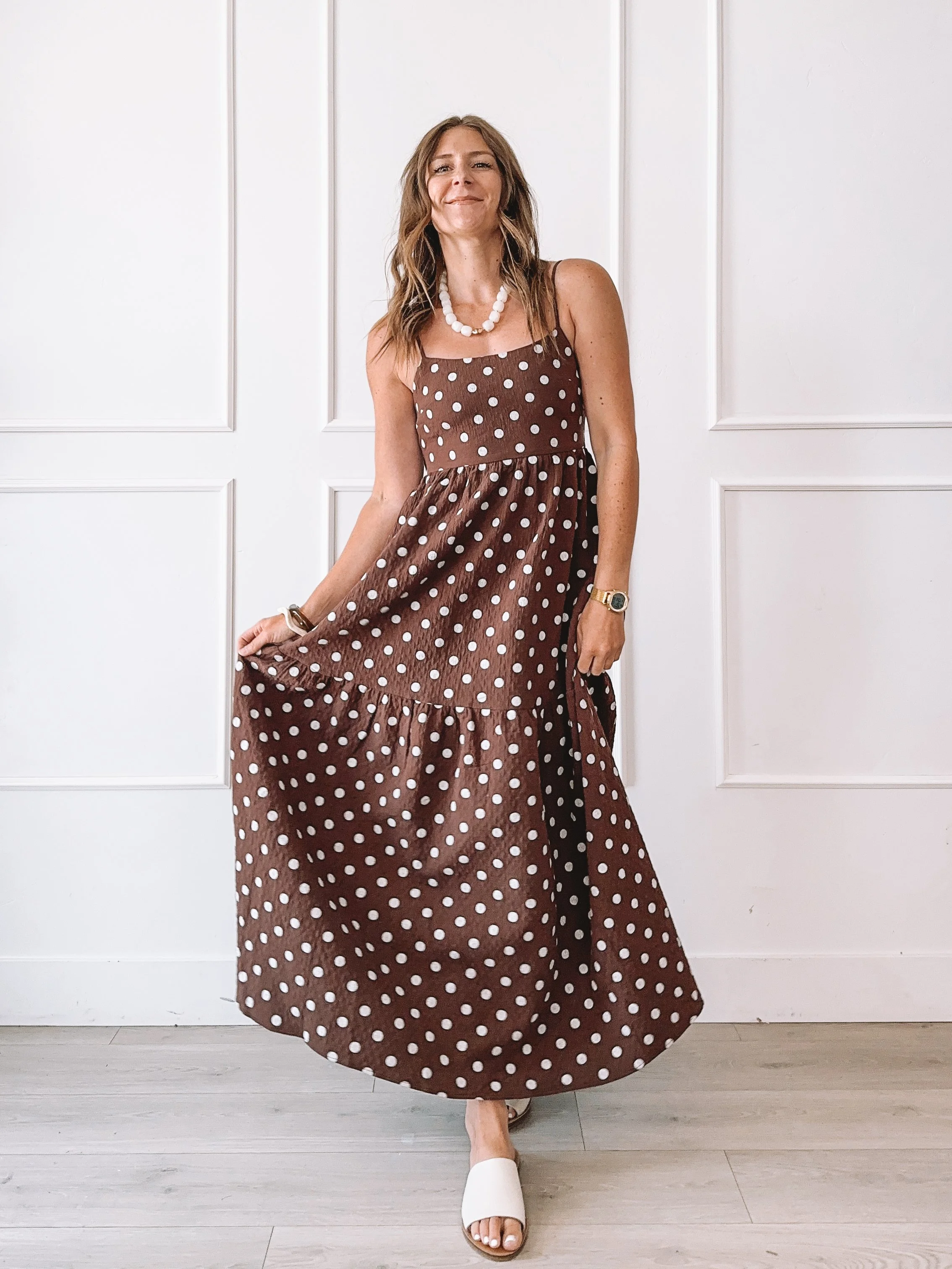 Summer Maxi Dresses Brown Polka Dot Open Back