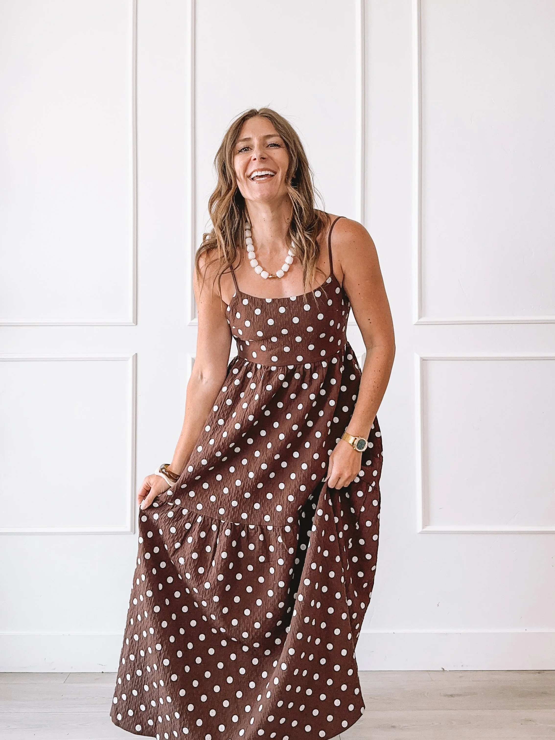 Brown Polka Dot Open Back Maxi Dress from Commense