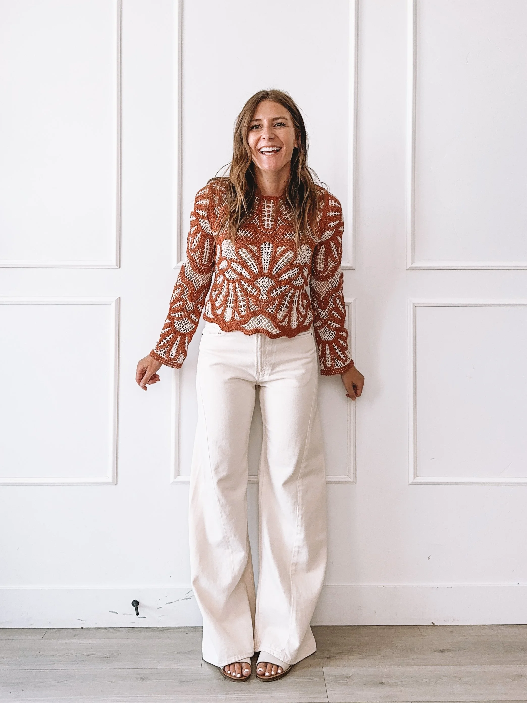 Everyday Summer Outfit Rust Crochet Sweater
