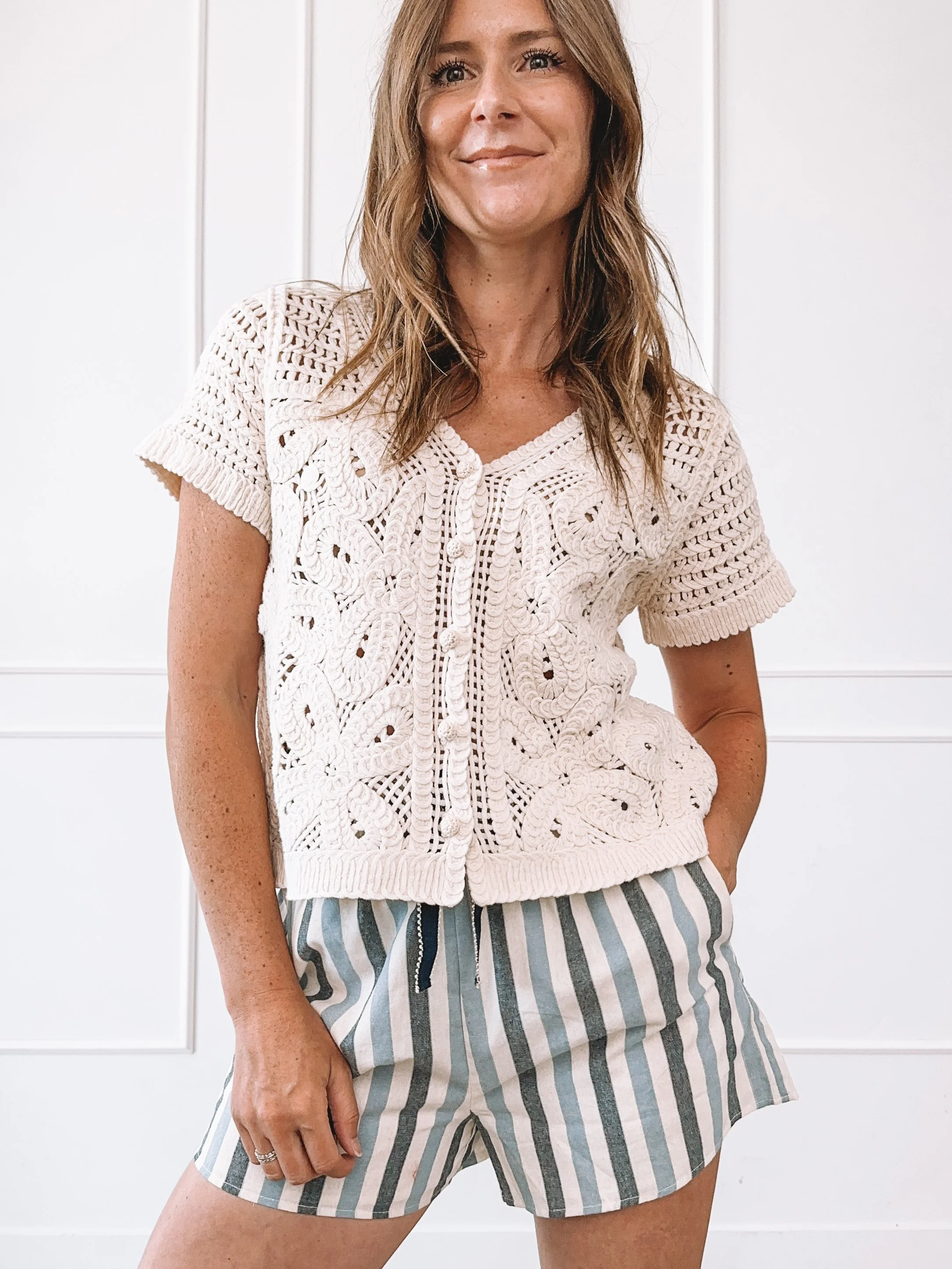 Everyday Summer Outfit Ideas Crochet Top Striped Shorts